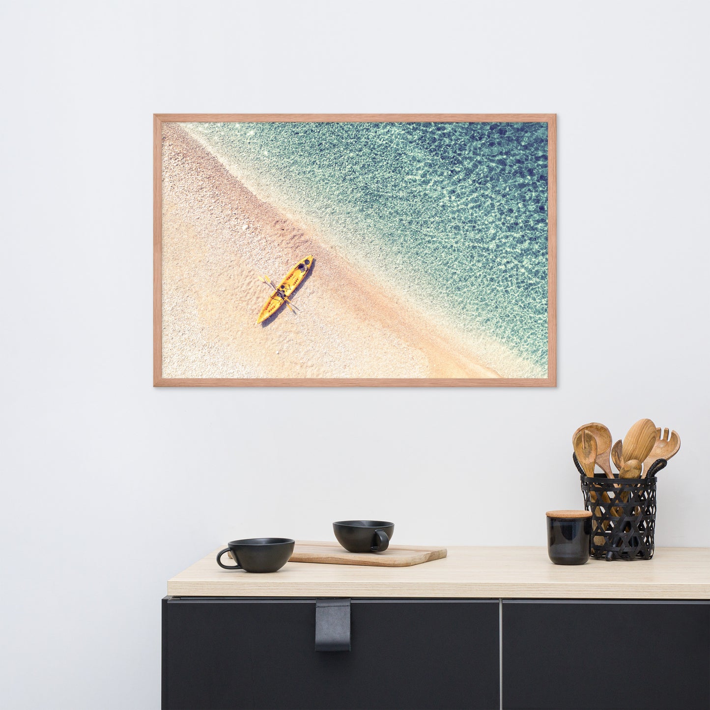 Yellow Canoe and Blue Sea by with Soft Violet Effect Framed Wall Art Prints