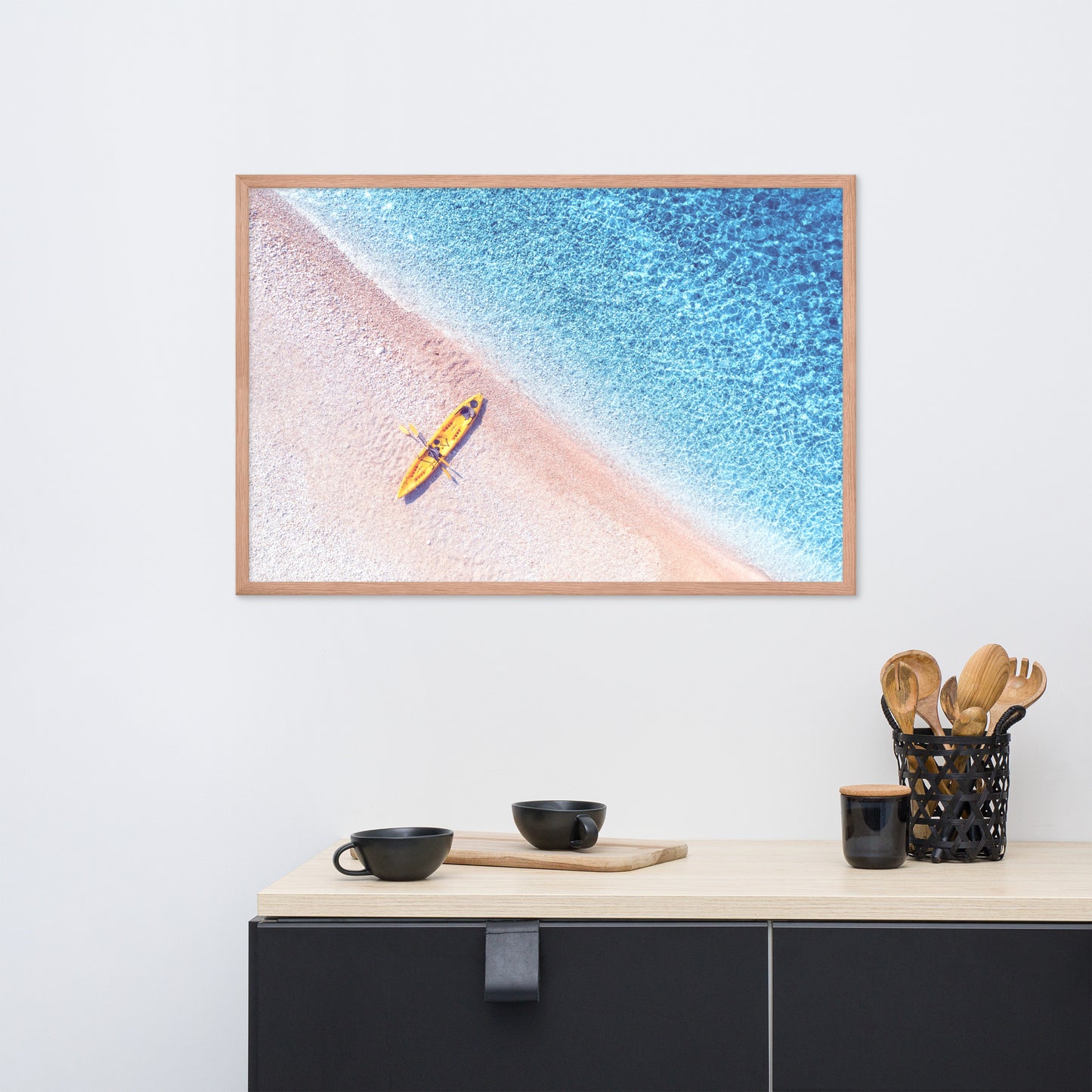 Yellow Canoe and Blue Sea with Violet Glow Effect Framed Wall Art Prints