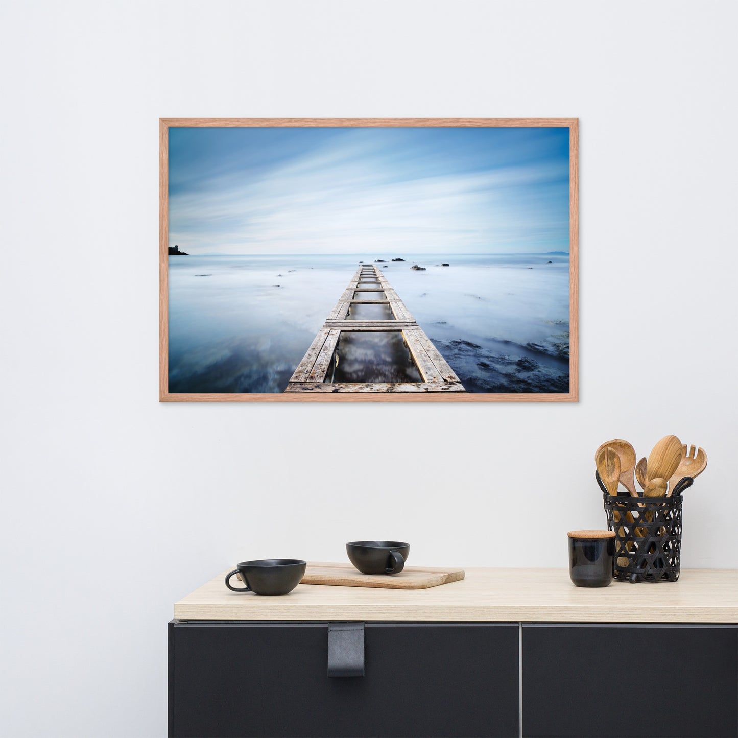 Moody Ocean and Sky Wooden Pier Framed Wall Art Prints