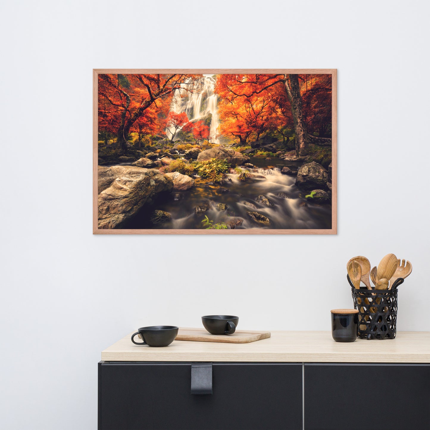 Waterfall in the Autumn with Golden Shadow Effect Framed Wall Art Prints