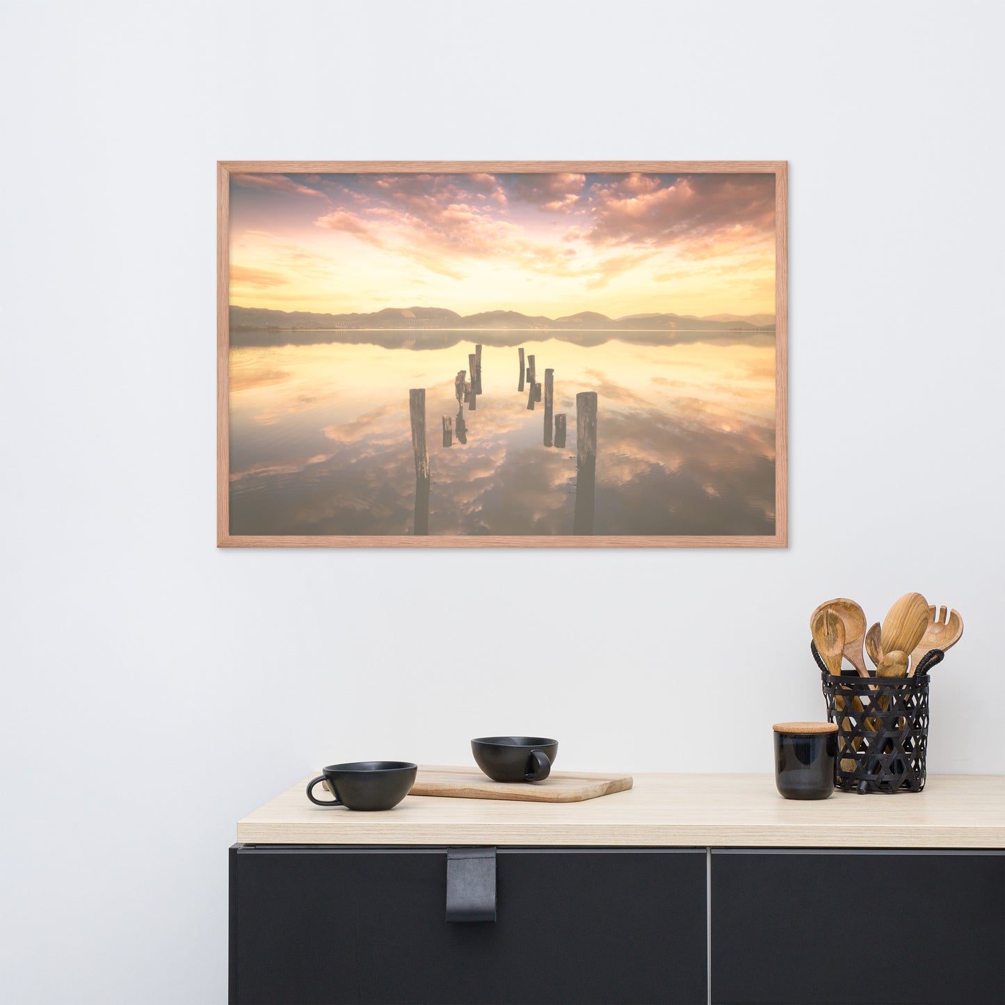 Sunset Pillars and Reflections on Lake Framed Wall Art Print