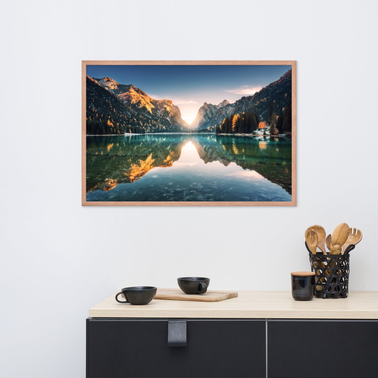 Sunrise Misty Mountain Lake Lively Color Effect Framed Wall Art Print