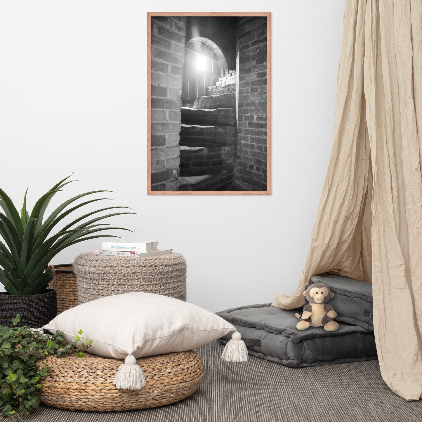 Fort Clinch Stairway Black and White Photo Framed Wall Art Print