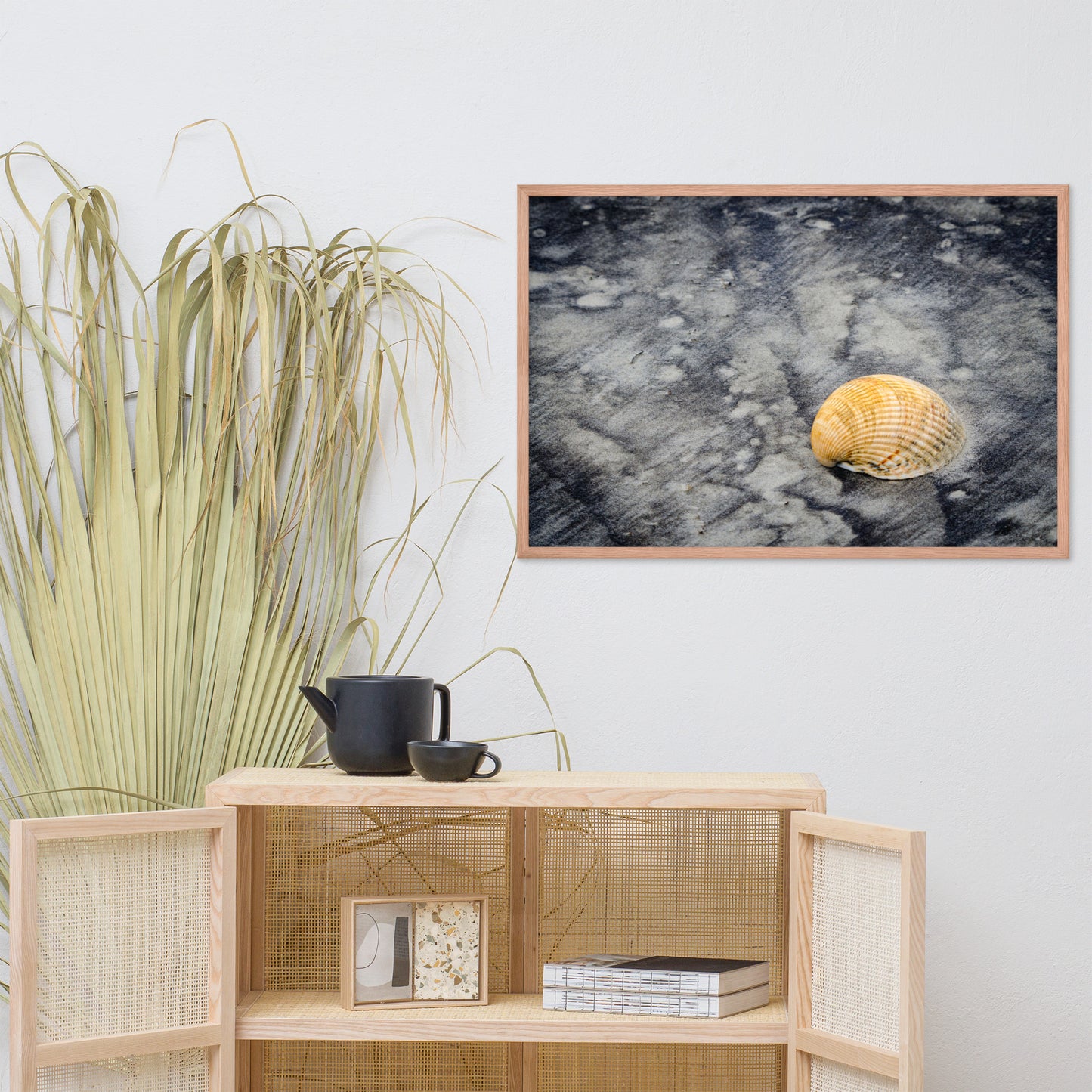 Black Sands and Seashell on the Shore Coastal Nature Photo Framed Wall Art Print