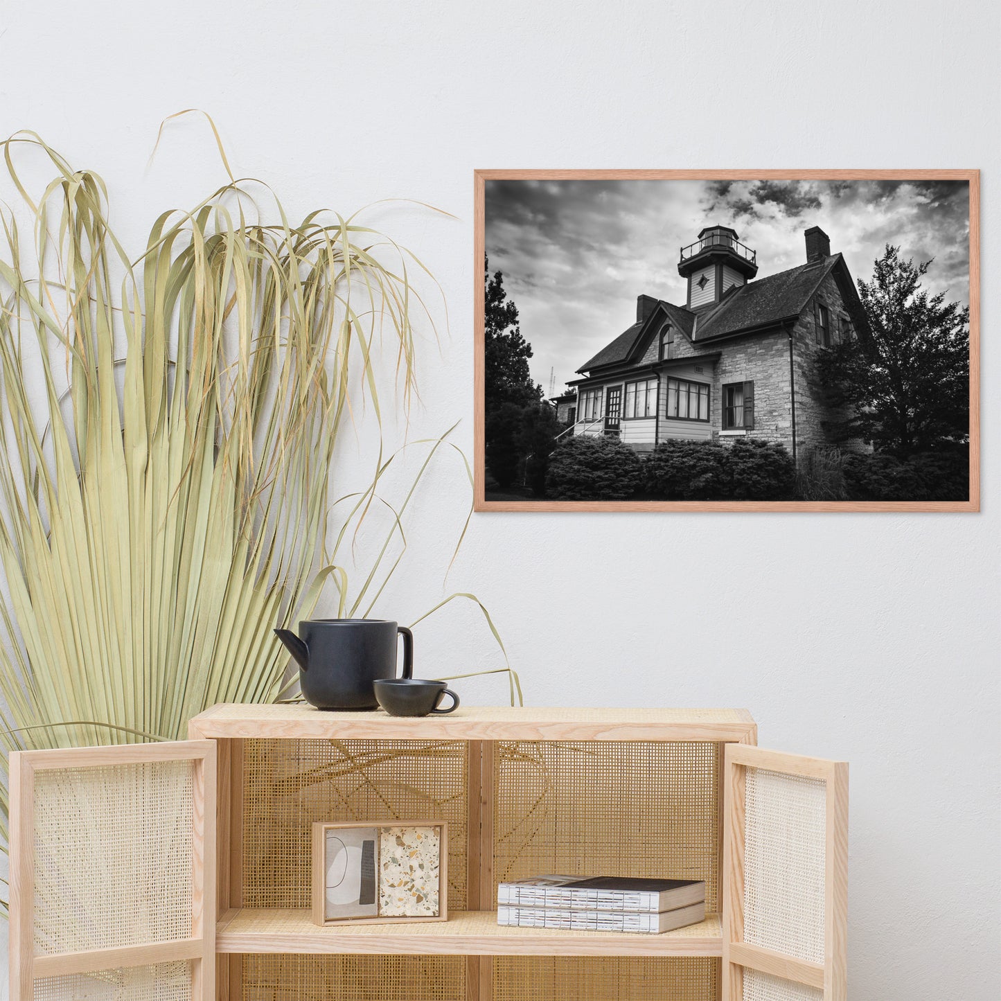 Cedar Point Lighthouse in Black and White Framed Photo Paper Wall Art Prints