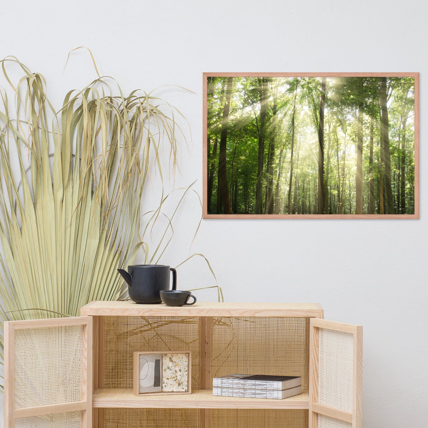 Sun Rays Through Treetops in the Forest Framed Photo Paper Wall Art Prints