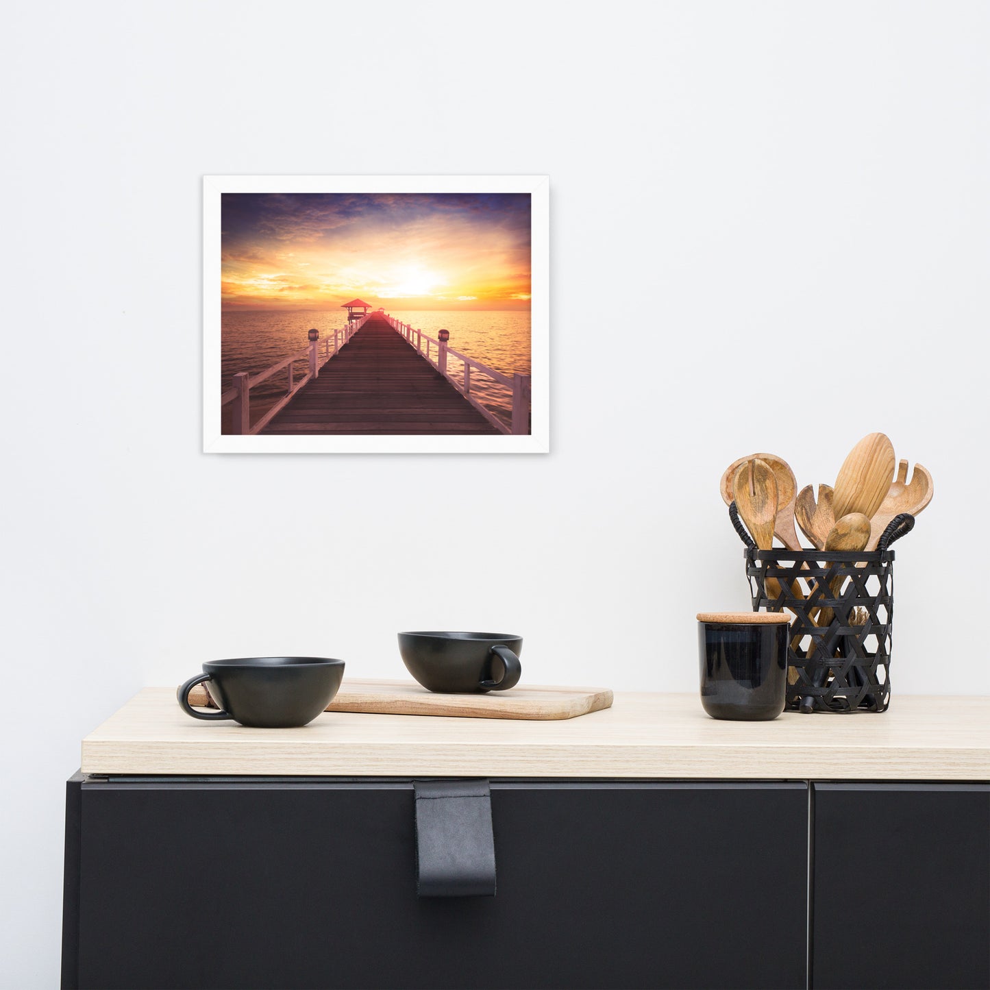 Surreal Wooden Pier at Sunset Framed Wall Art Print