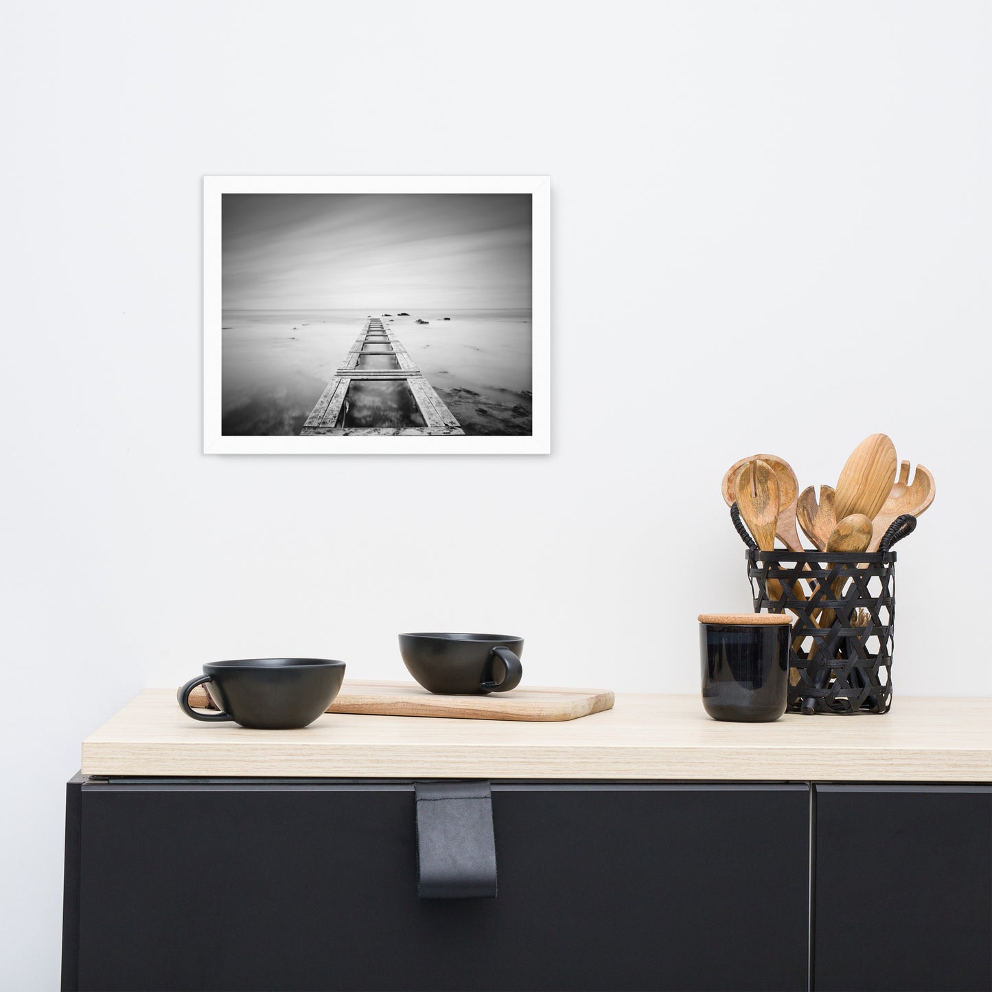 Moody Ocean and Sky Wooden Pier Black and White Framed Wall Art Prints