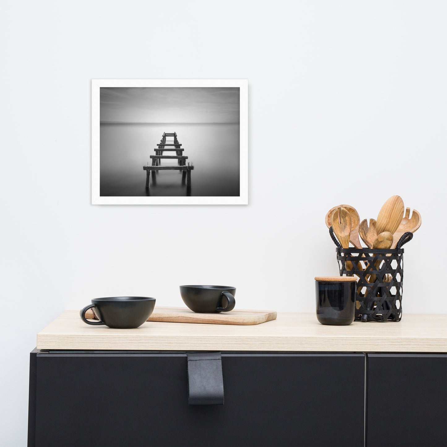 Soft Lake and Abandoned Pier Black and White Framed Wall Art Prints