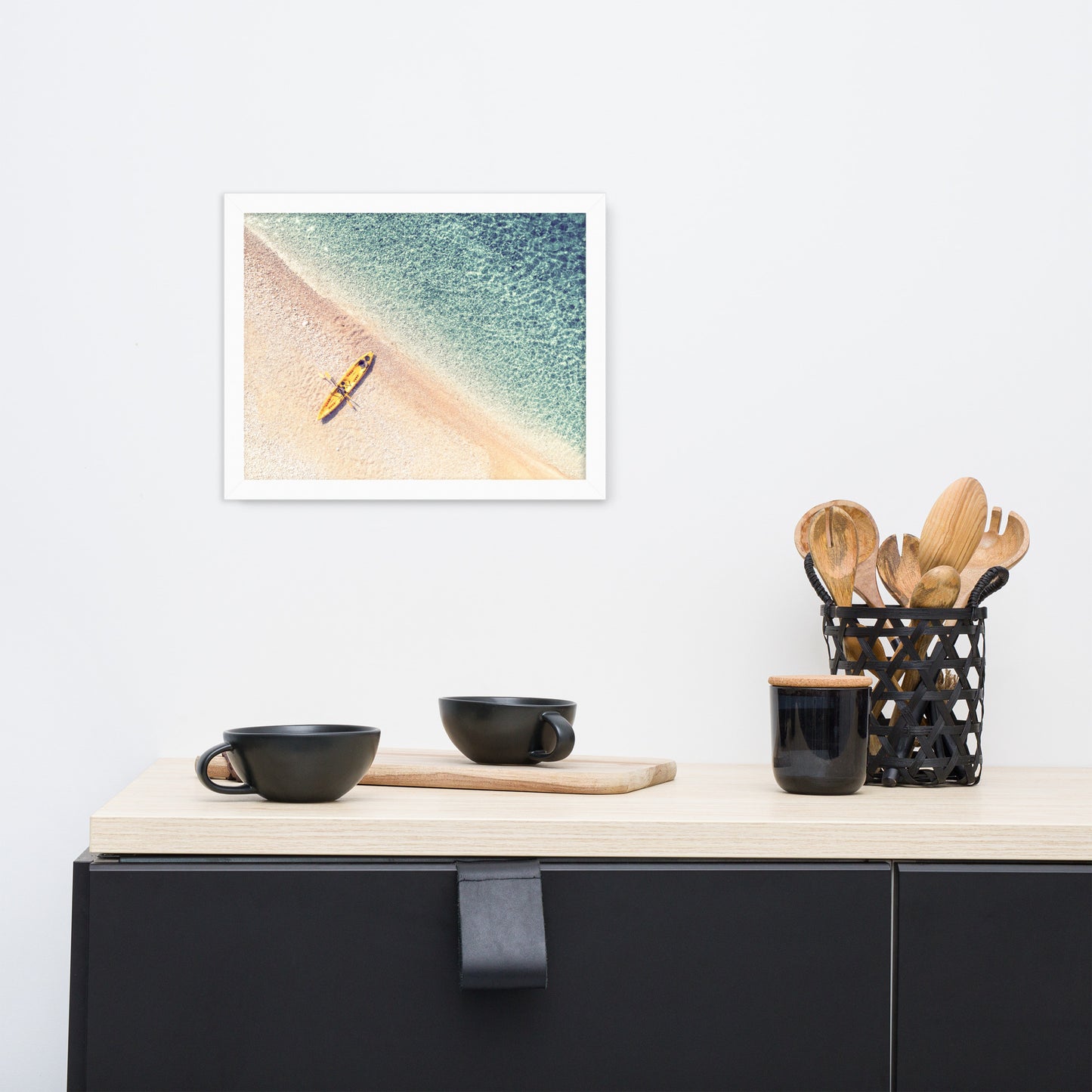 Yellow Canoe and Blue Sea by with Soft Violet Effect Framed Wall Art Prints