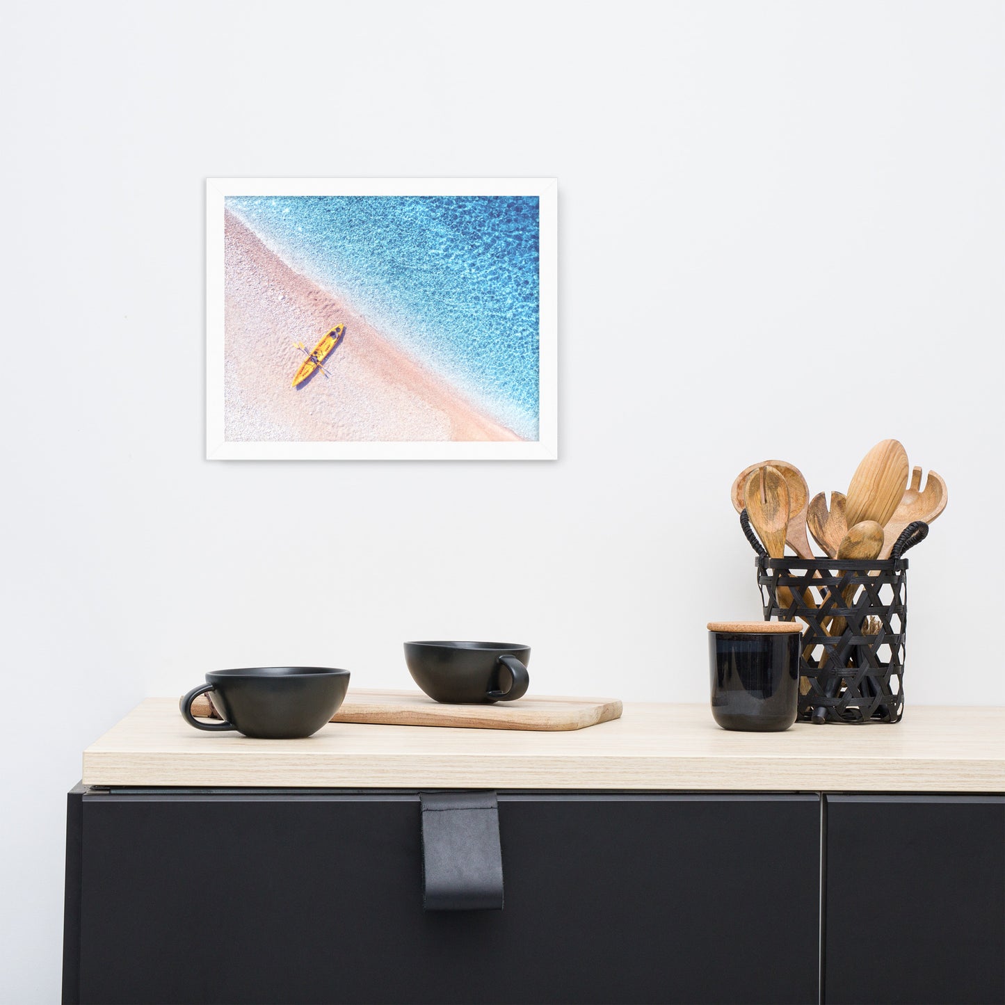 Yellow Canoe and Blue Sea with Violet Glow Effect Framed Wall Art Prints