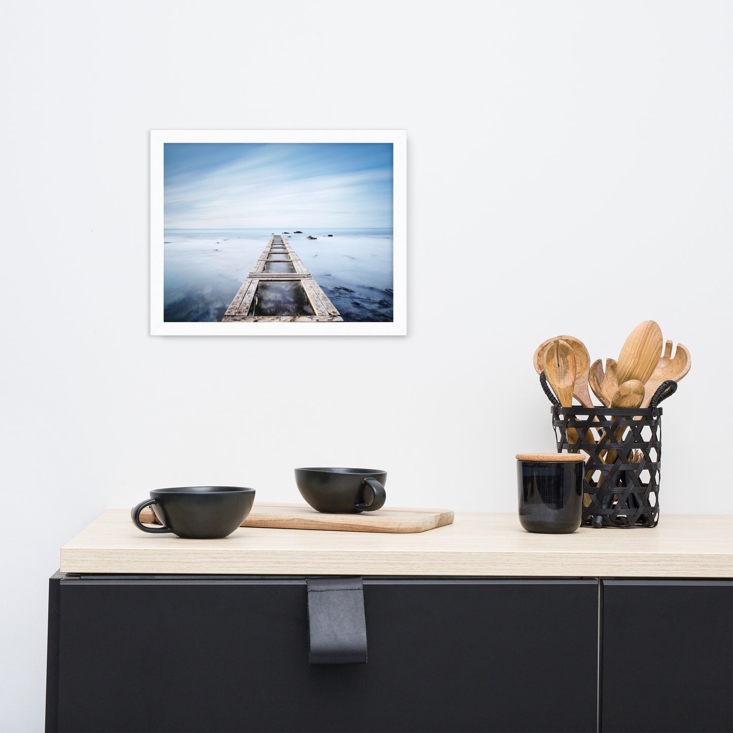 Moody Ocean and Sky Wooden Pier Framed Wall Art Prints
