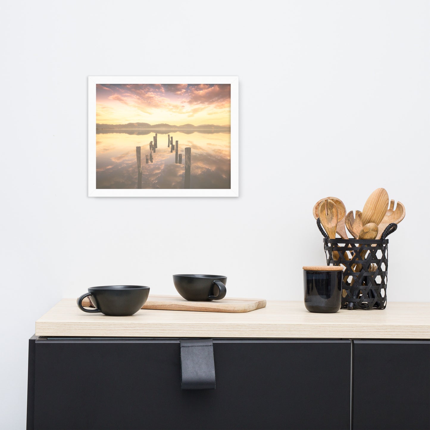 Sunset Pillars and Reflections on Lake Framed Wall Art Print