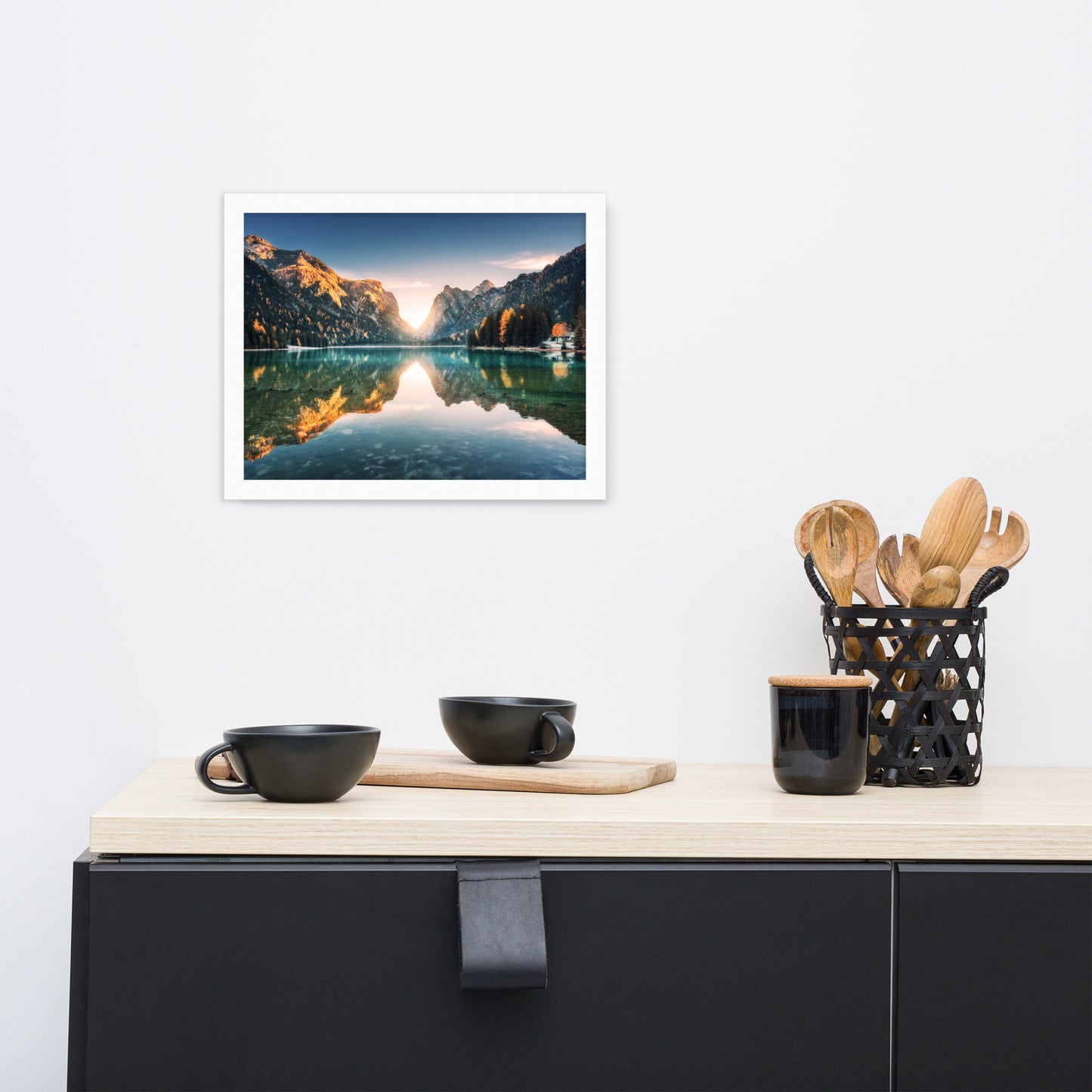 Sunrise Misty Mountain Lake Lively Color Effect Framed Wall Art Print