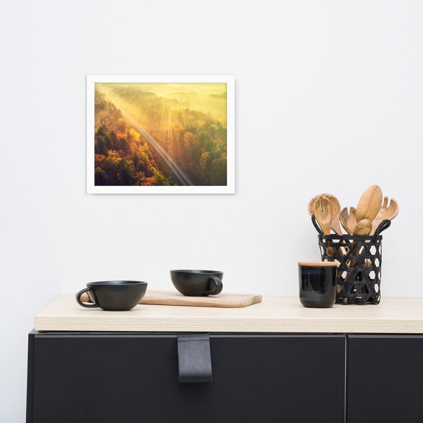 Sunrise Railroad Though Misty Forest With Golden Haze Effect Framed Wall Art Print