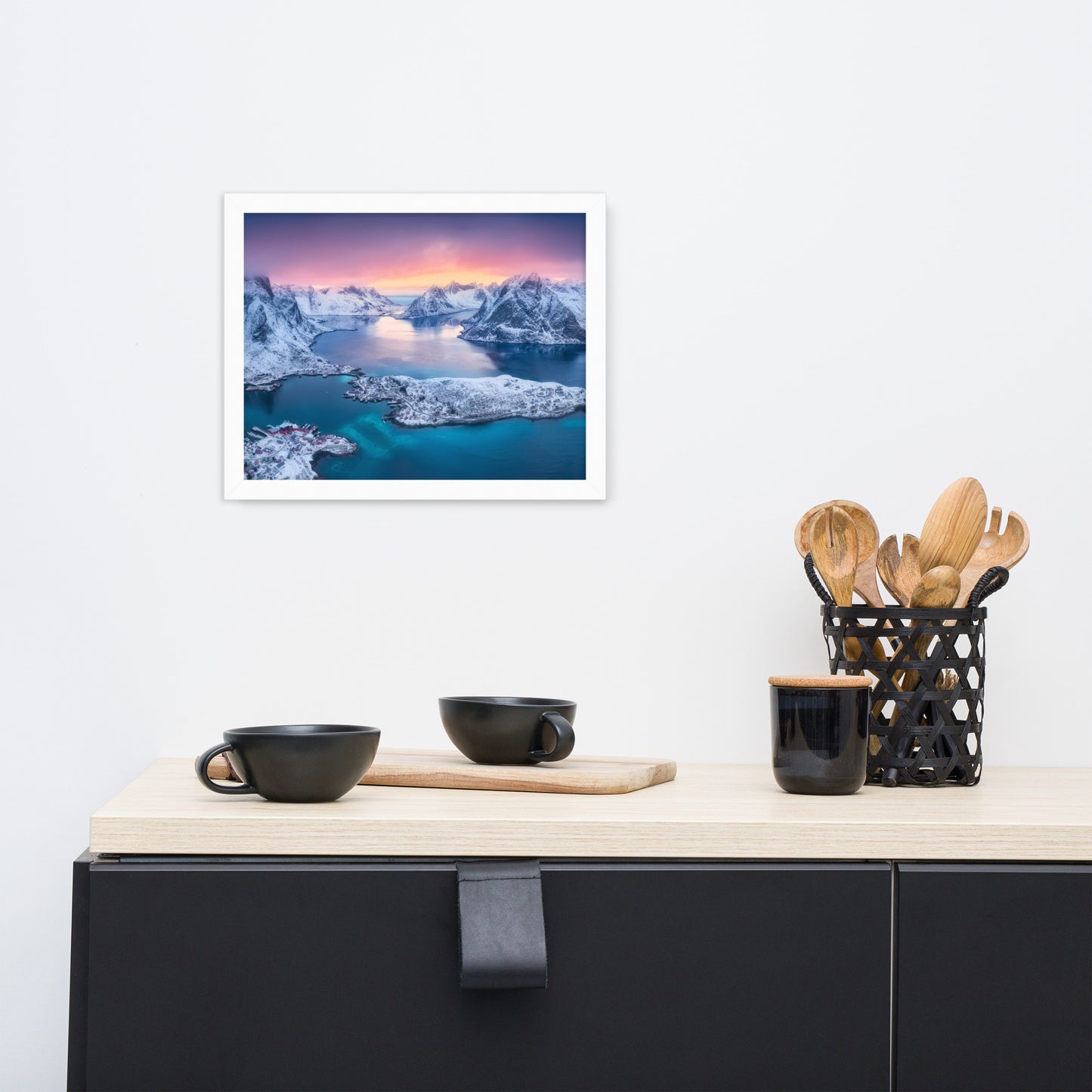 Reine at Winter Sunset Icy Mountain Framed Wall Art Print