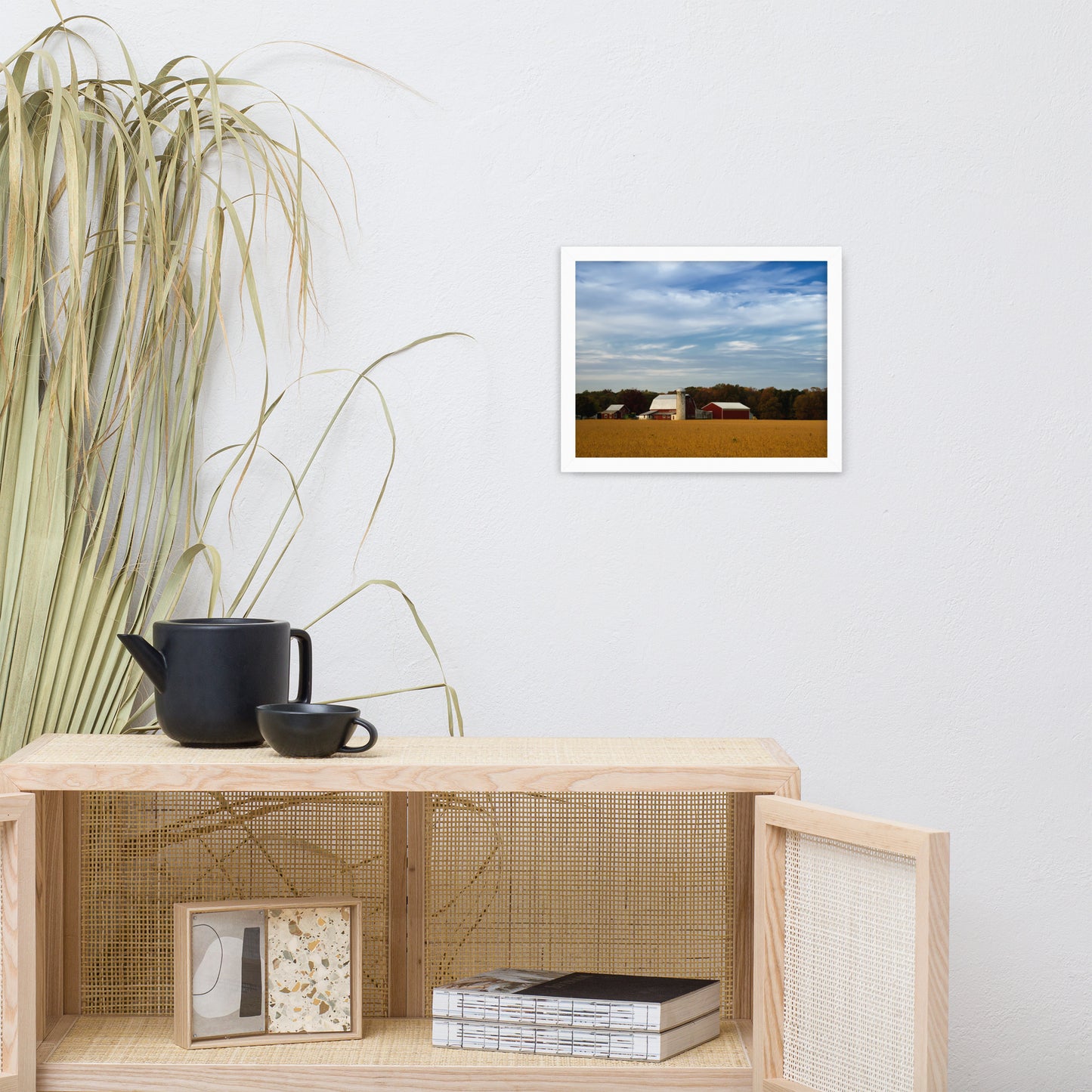 Red Barn in Golden Field Rural Landscape Framed Photo Paper Wall Art Prints