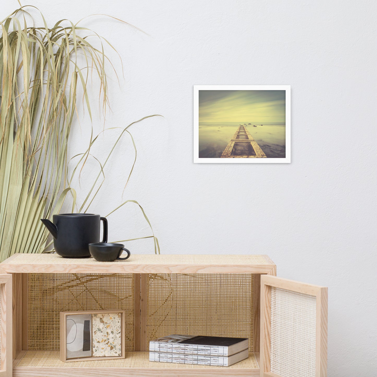 Moody Ocean and Sky Wooden Pier With Intrigued Trance Effects Framed Wall Art Prints