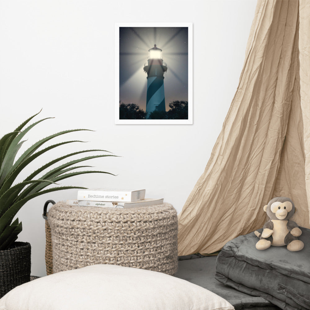 Coastal Bedroom Art: St. Augustine Lighthouse Night Light Photo Framed Wall Art Print