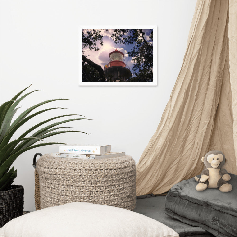 Framed Pictures Of Beach Scenes: Saint Augustine Lighthouse and Tree Branches Urban Building Photograph Framed Wall Art Prints