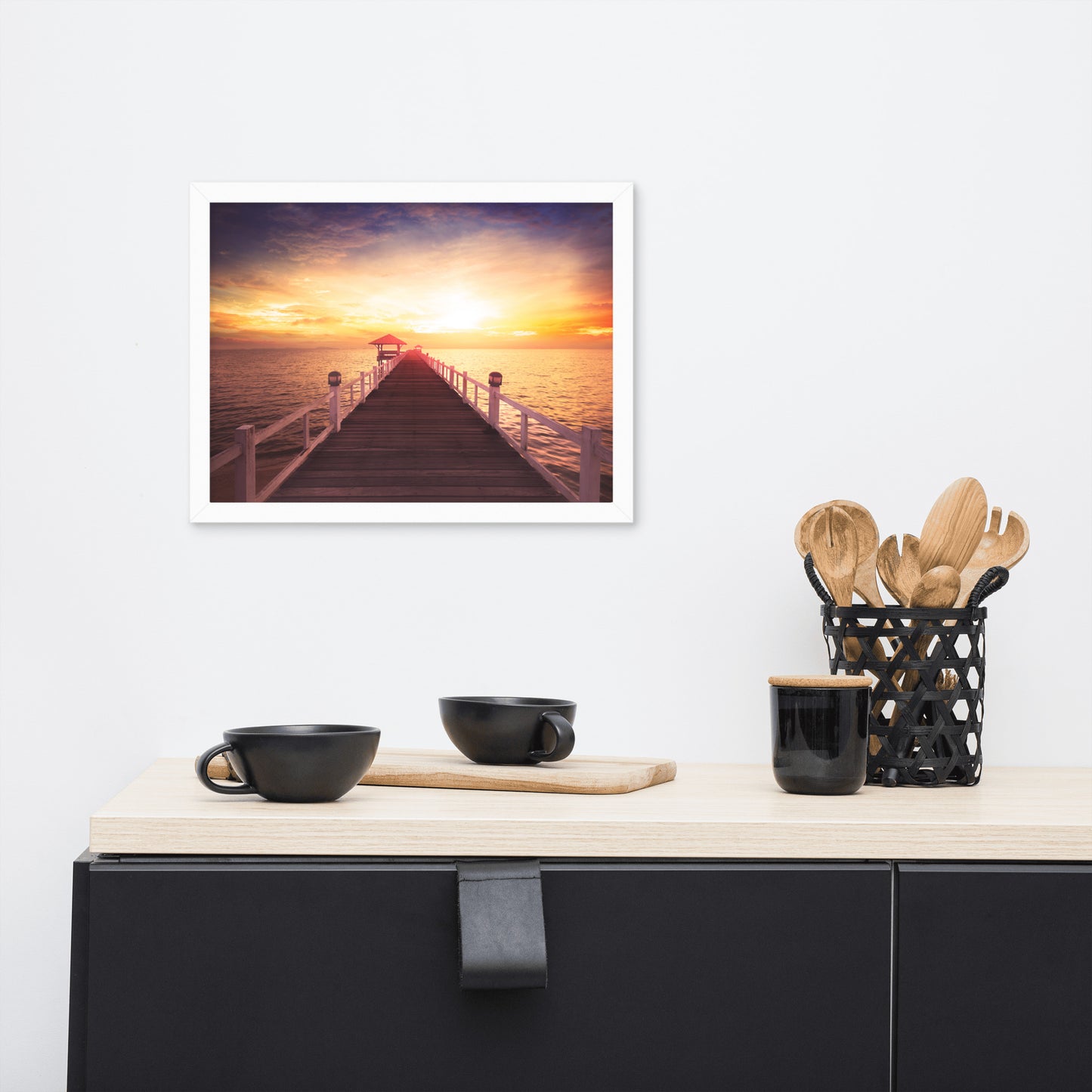 Surreal Wooden Pier at Sunset Framed Wall Art Print