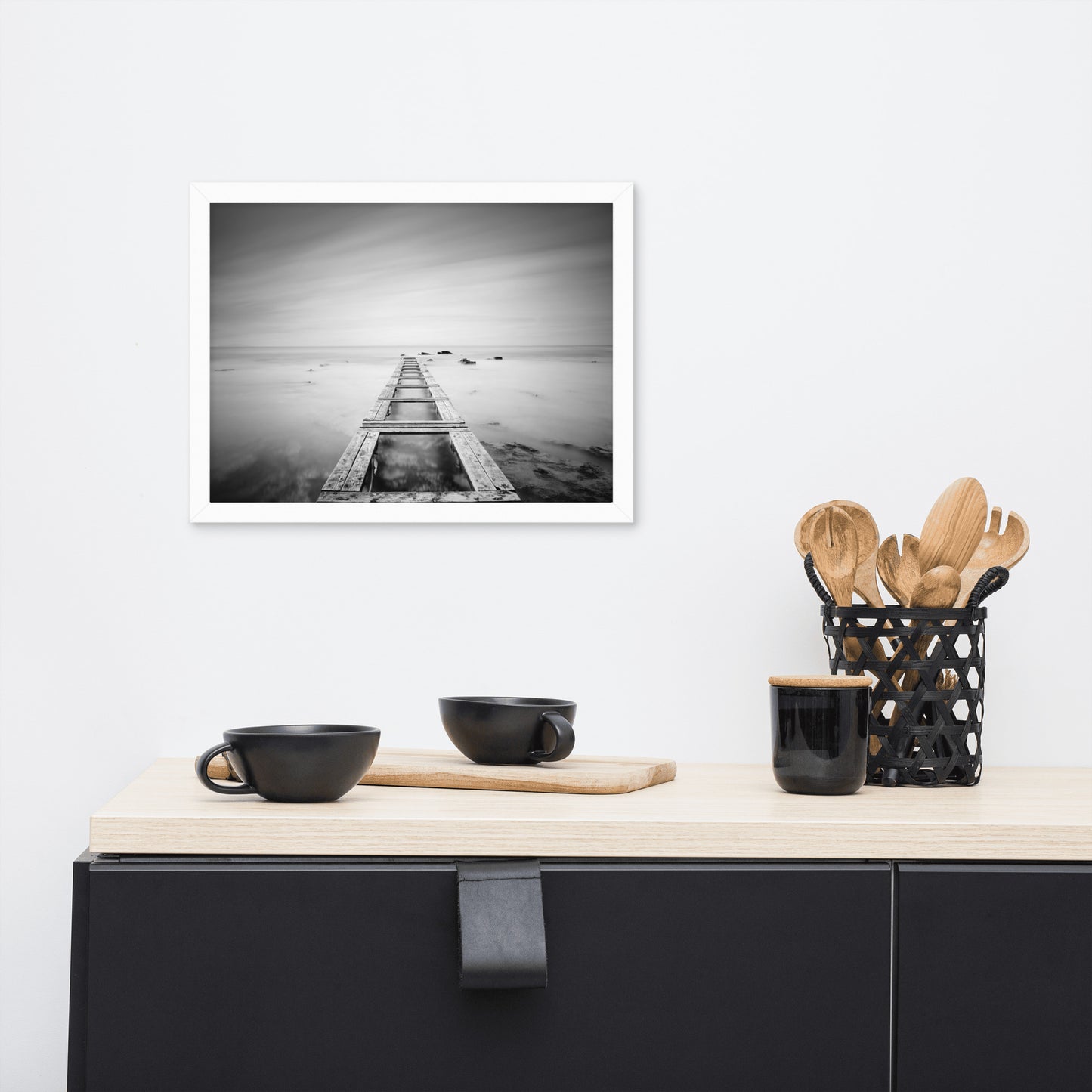 Moody Ocean and Sky Wooden Pier Black and White Framed Wall Art Prints