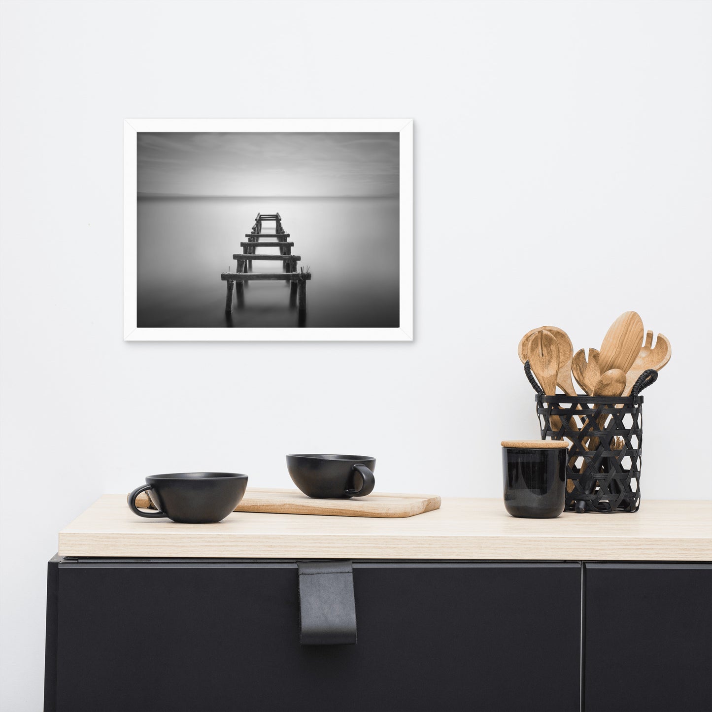 Soft Lake and Abandoned Pier Black and White Framed Wall Art Prints