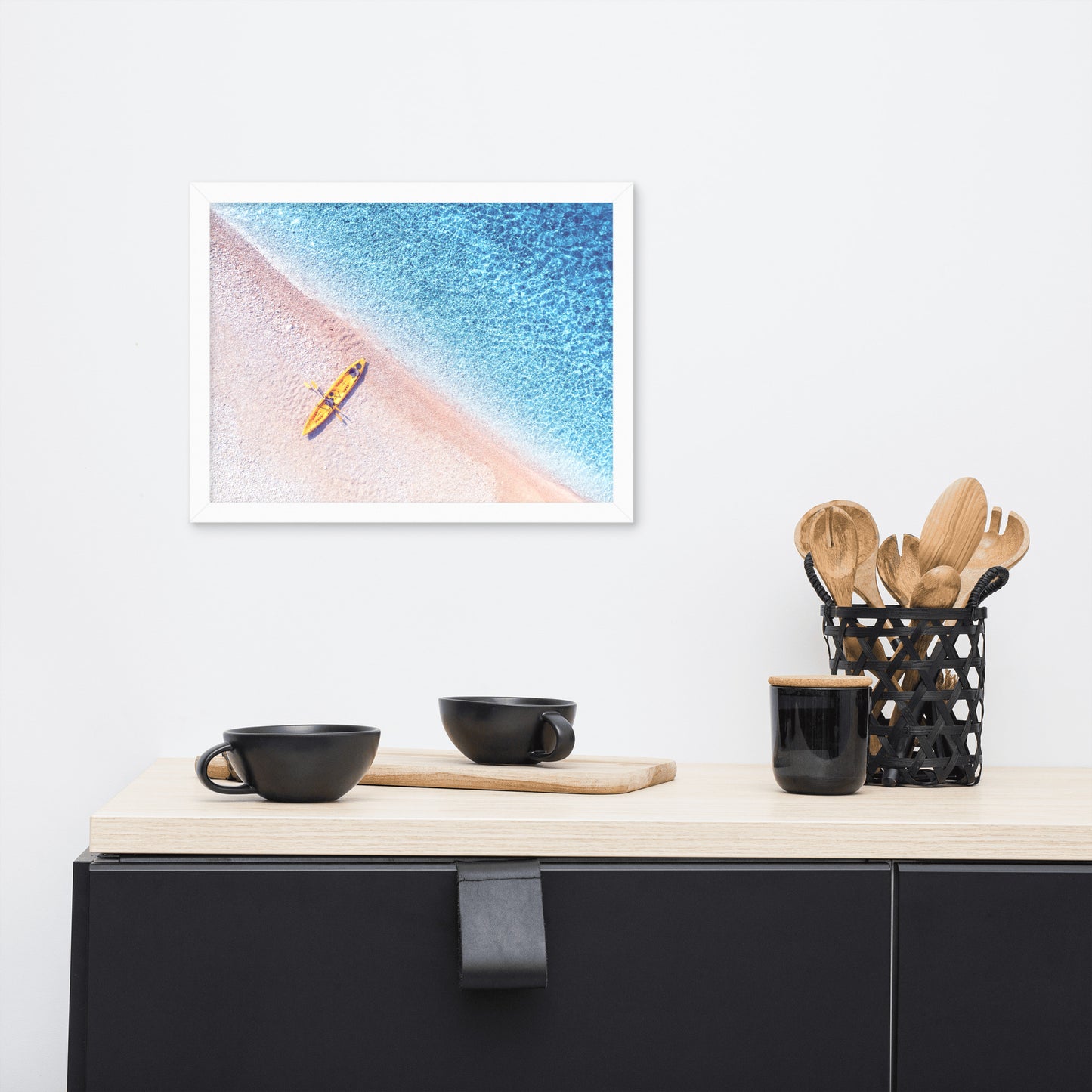 Yellow Canoe and Blue Sea with Violet Glow Effect Framed Wall Art Prints
