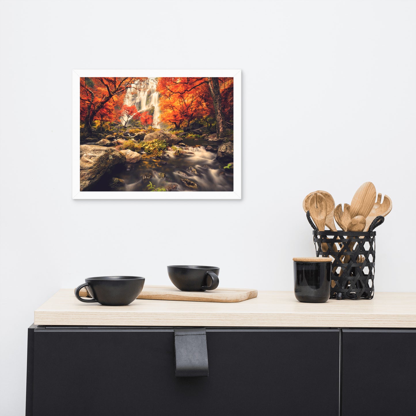 Waterfall in the Autumn with Golden Shadow Effect Framed Wall Art Prints