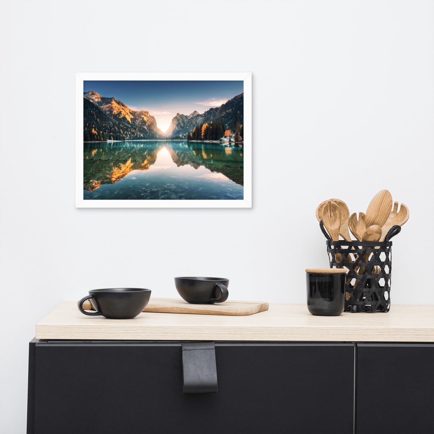 Sunrise Misty Mountain Lake Lively Color Effect Framed Wall Art Print