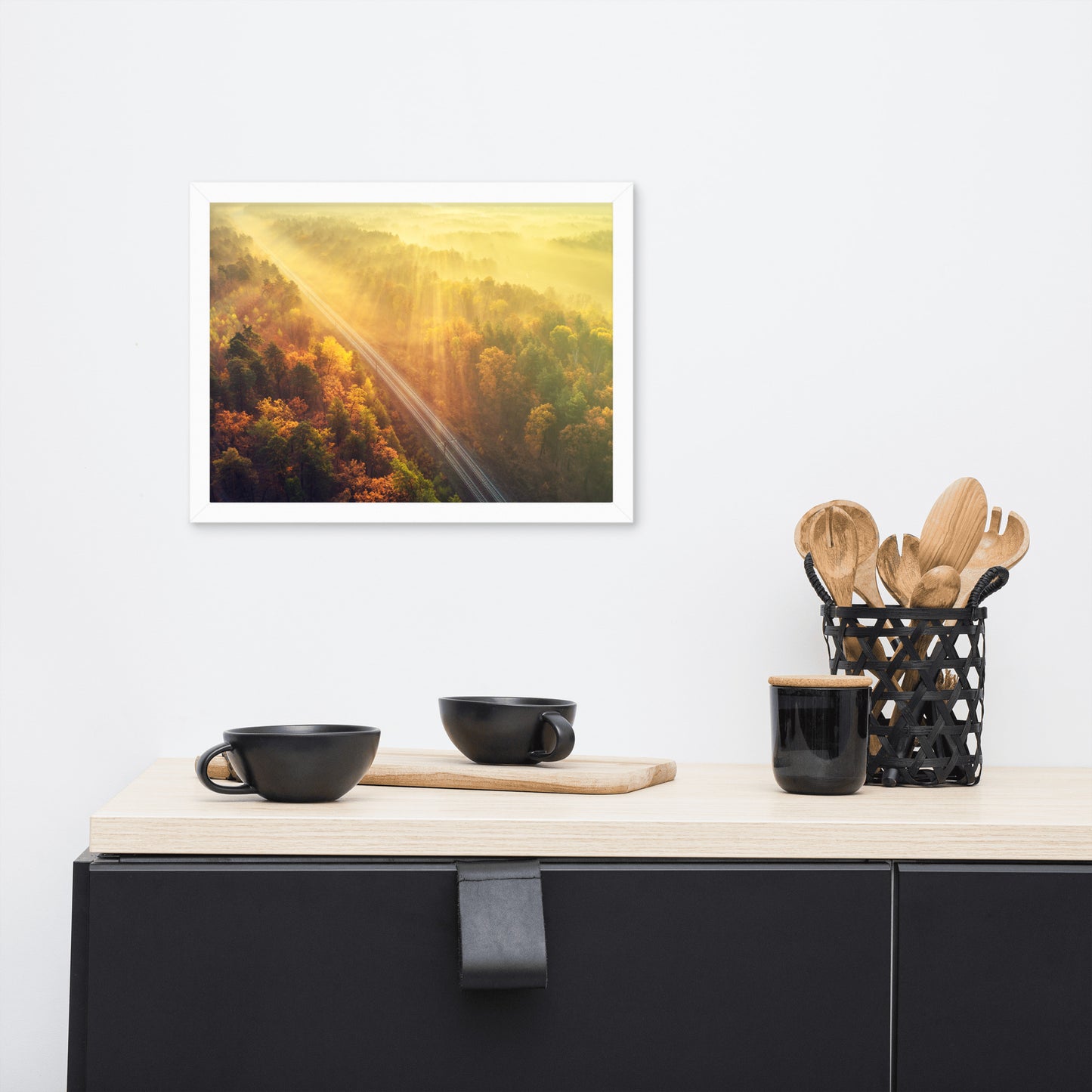 Sunrise Railroad Though Misty Forest With Golden Haze Effect Framed Wall Art Print