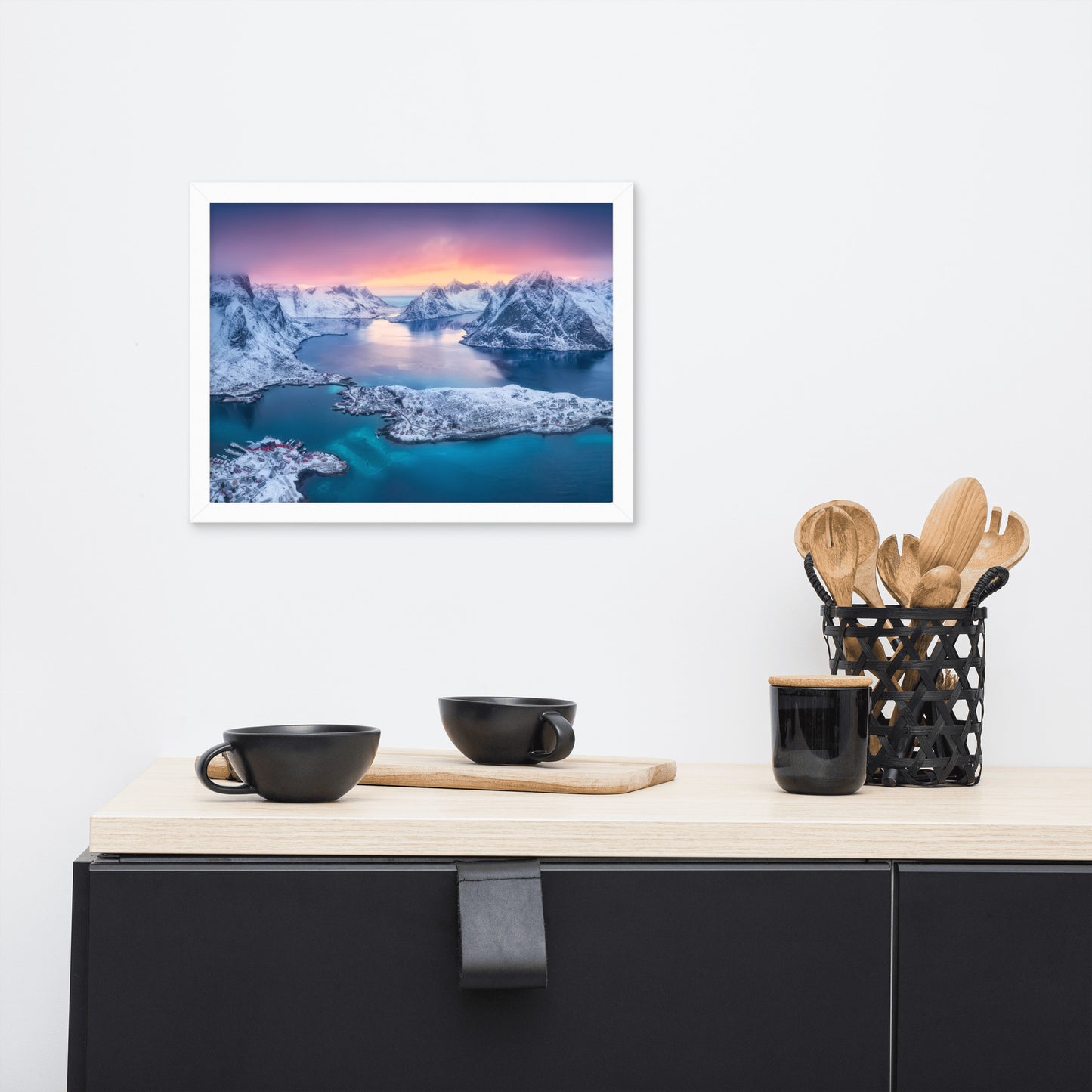 Reine at Winter Sunset Icy Mountain Framed Wall Art Print