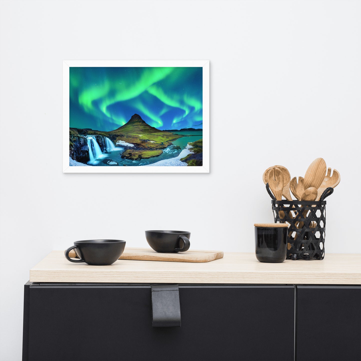 Winter Mountain Northern Lights Framed Wall Art Print