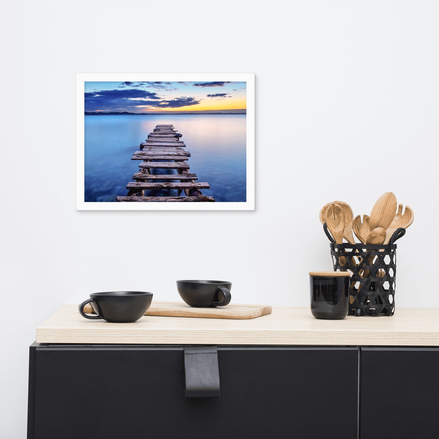 Old Weathered Lake Pier at Sunset Framed Wall Art Print
