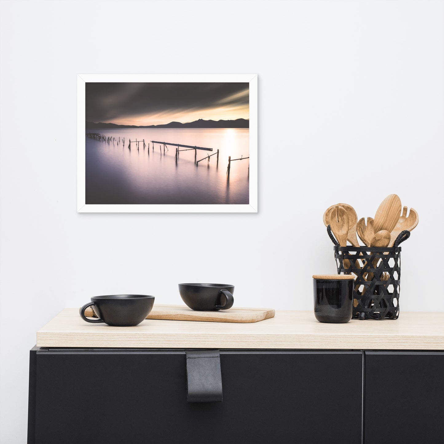Moody Ruined Pier and Mountain Range Framed Wall Art Prints