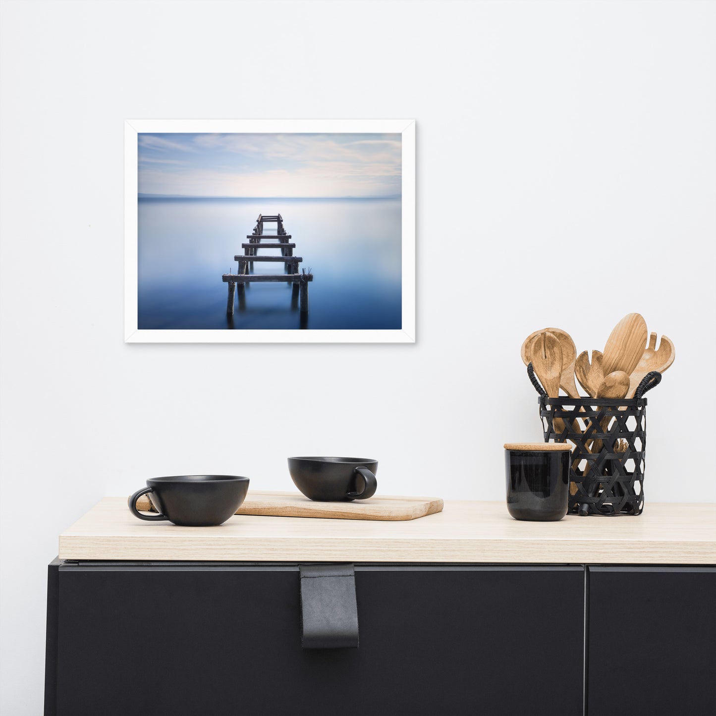 Soft Blue Lake and Abandoned Pier Landscape Photo Framed Wall Art Prints