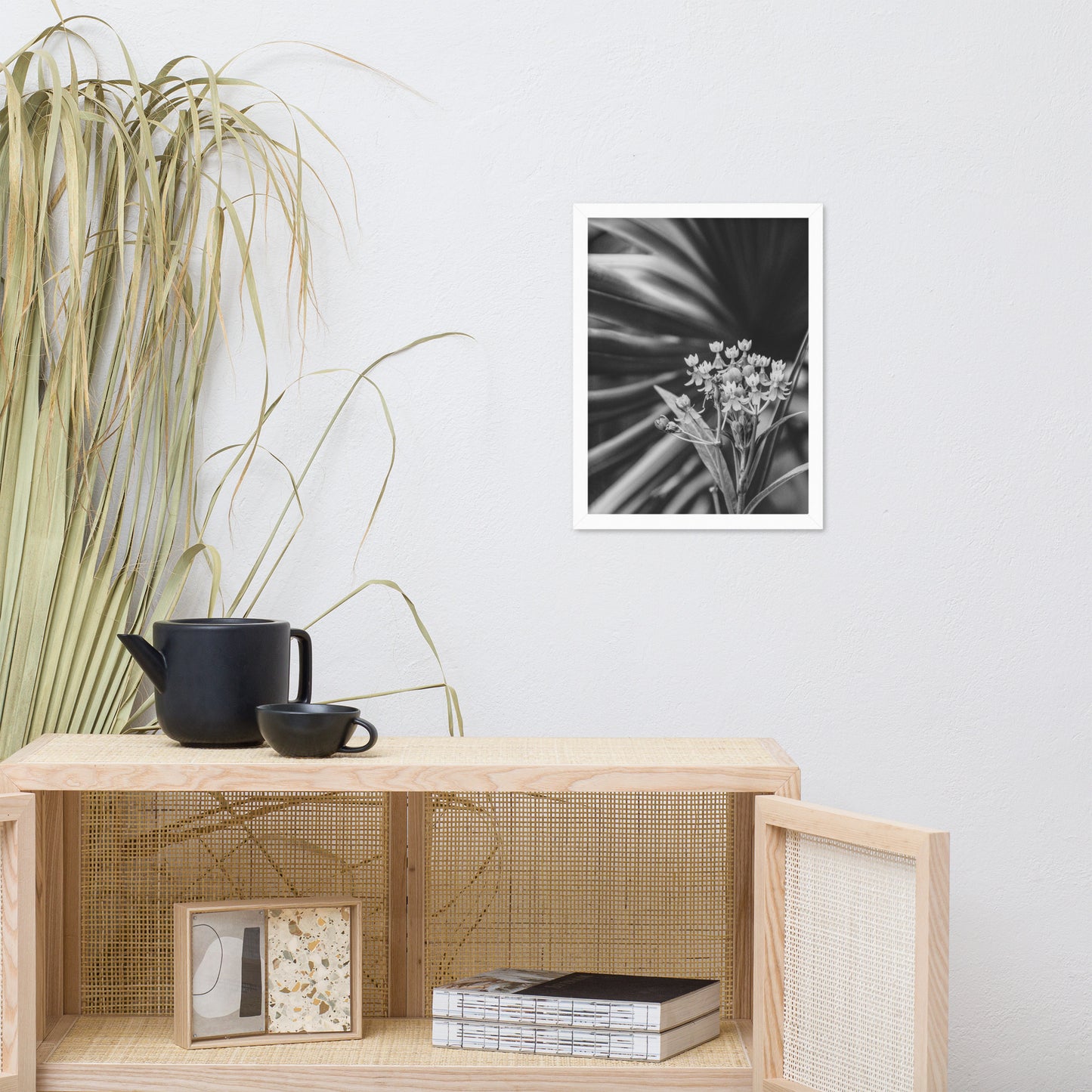 Bloodflowers and Palm Black and White Framed Wall Art Print