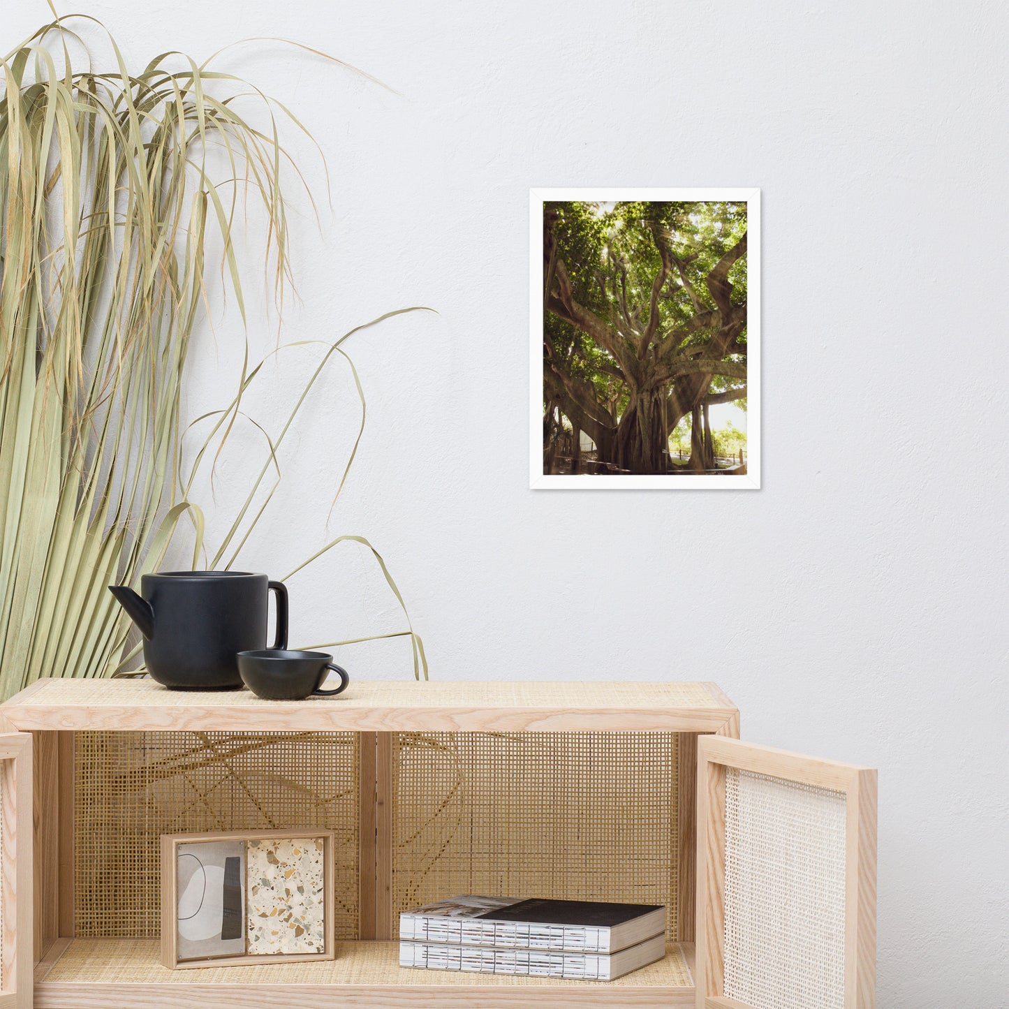 Banyan Tree With Glory Rays of Sunlight Tropical Botanical Nature Photo Framed Wall Art Print