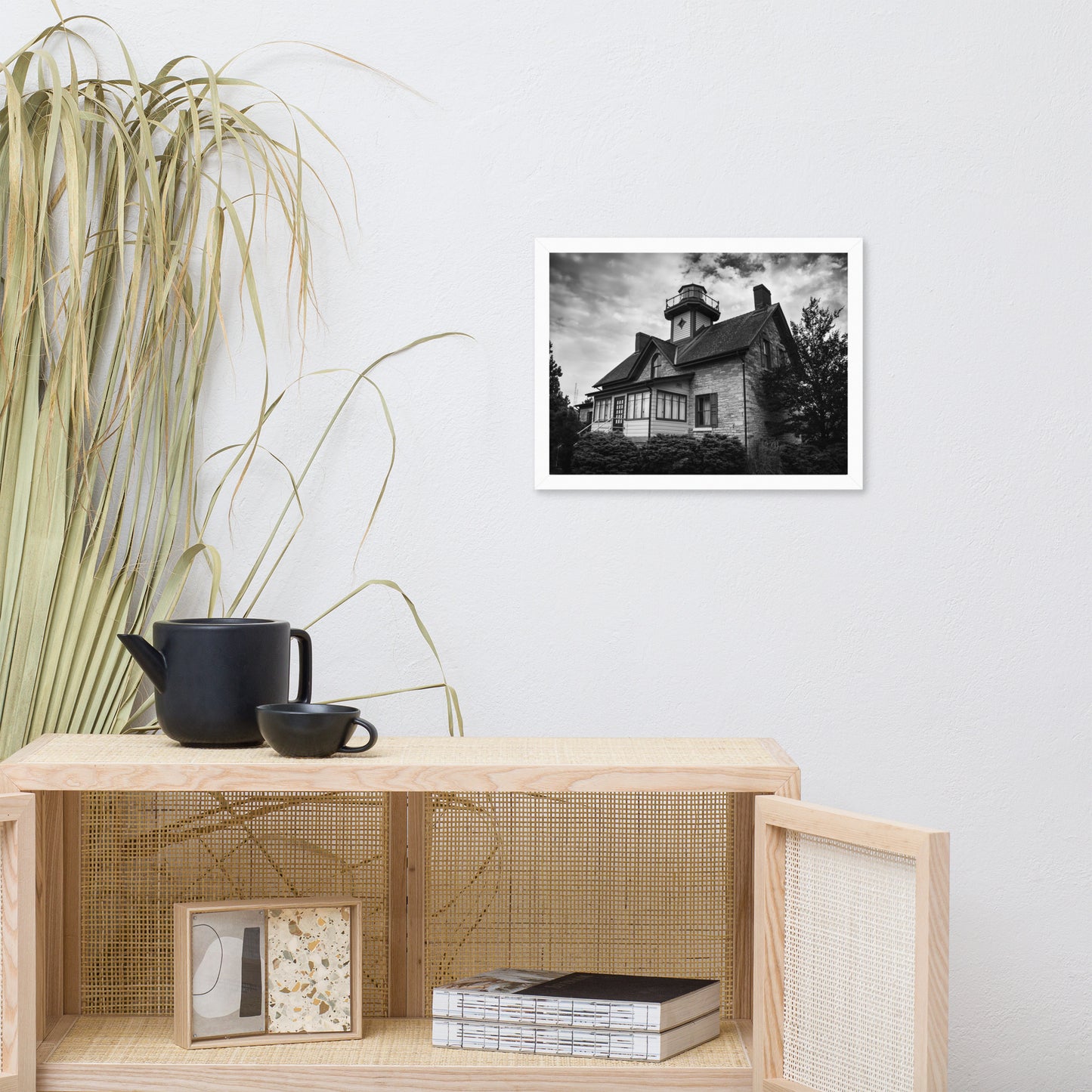 Cedar Point Lighthouse in Black and White Framed Photo Paper Wall Art Prints