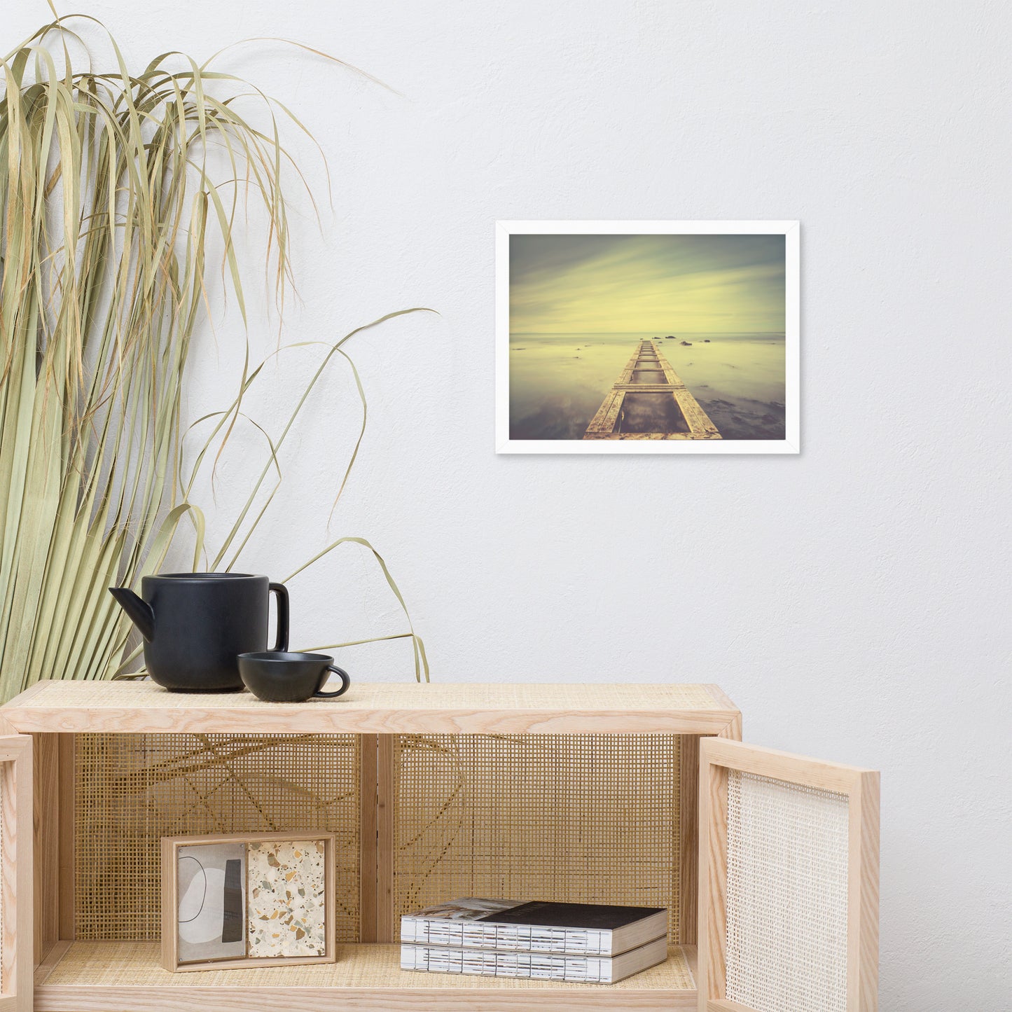 Moody Ocean and Sky Wooden Pier With Intrigued Trance Effects Framed Wall Art Prints
