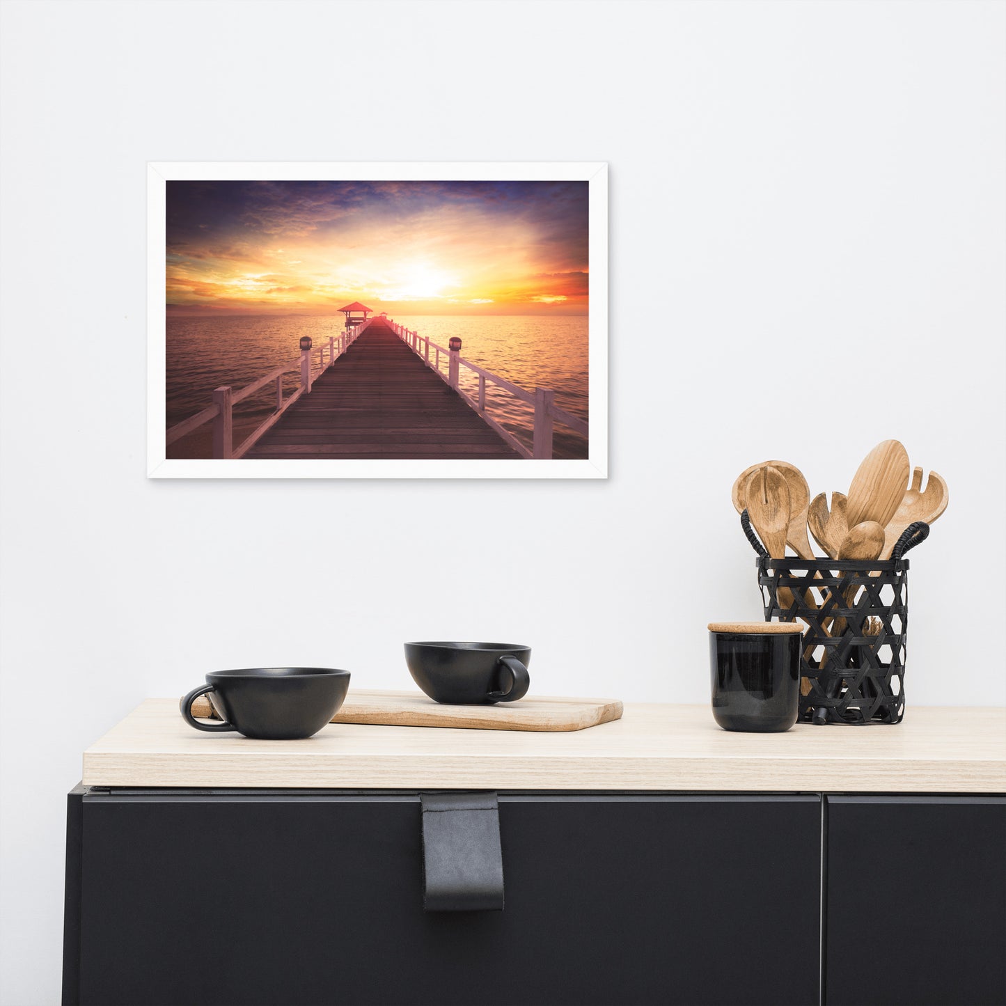 Surreal Wooden Pier at Sunset Framed Wall Art Print