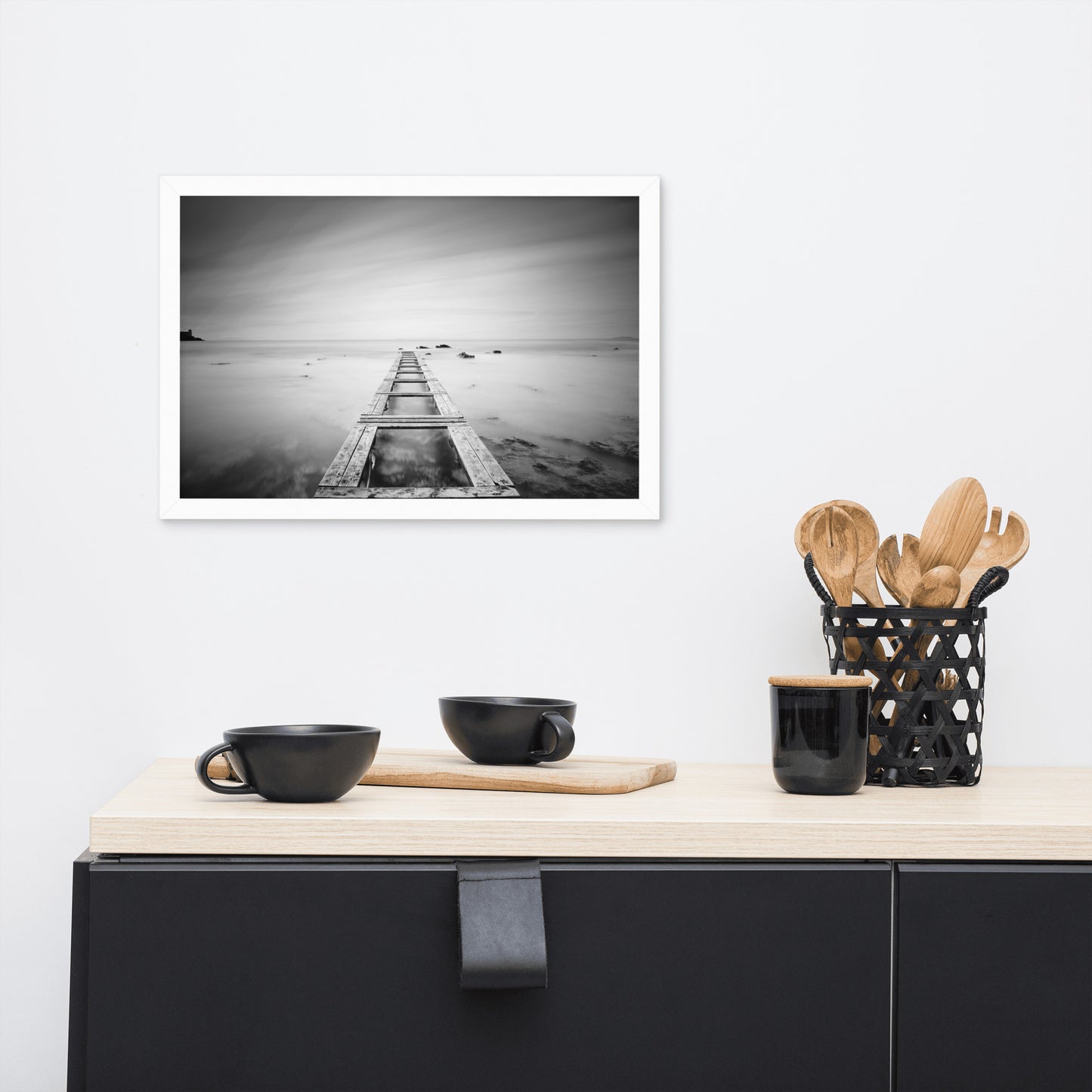 Moody Ocean and Sky Wooden Pier Black and White Framed Wall Art Prints