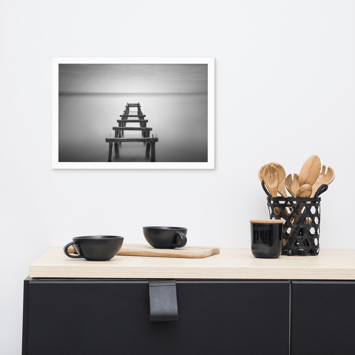 Soft Lake and Abandoned Pier Black and White Framed Wall Art Prints