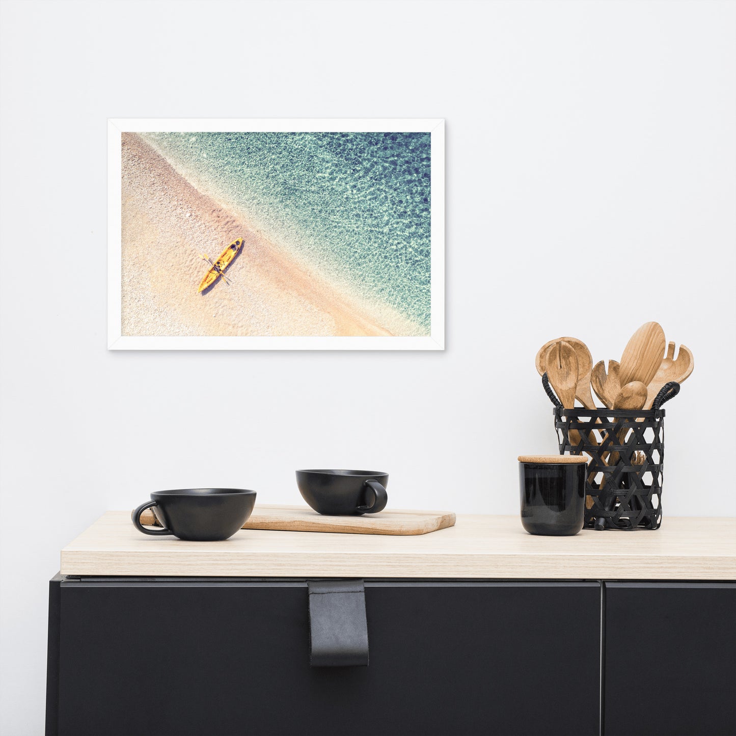 Yellow Canoe and Blue Sea by with Soft Violet Effect Framed Wall Art Prints