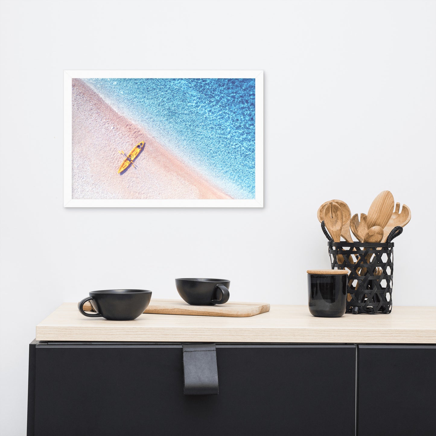 Yellow Canoe and Blue Sea with Violet Glow Effect Framed Wall Art Prints