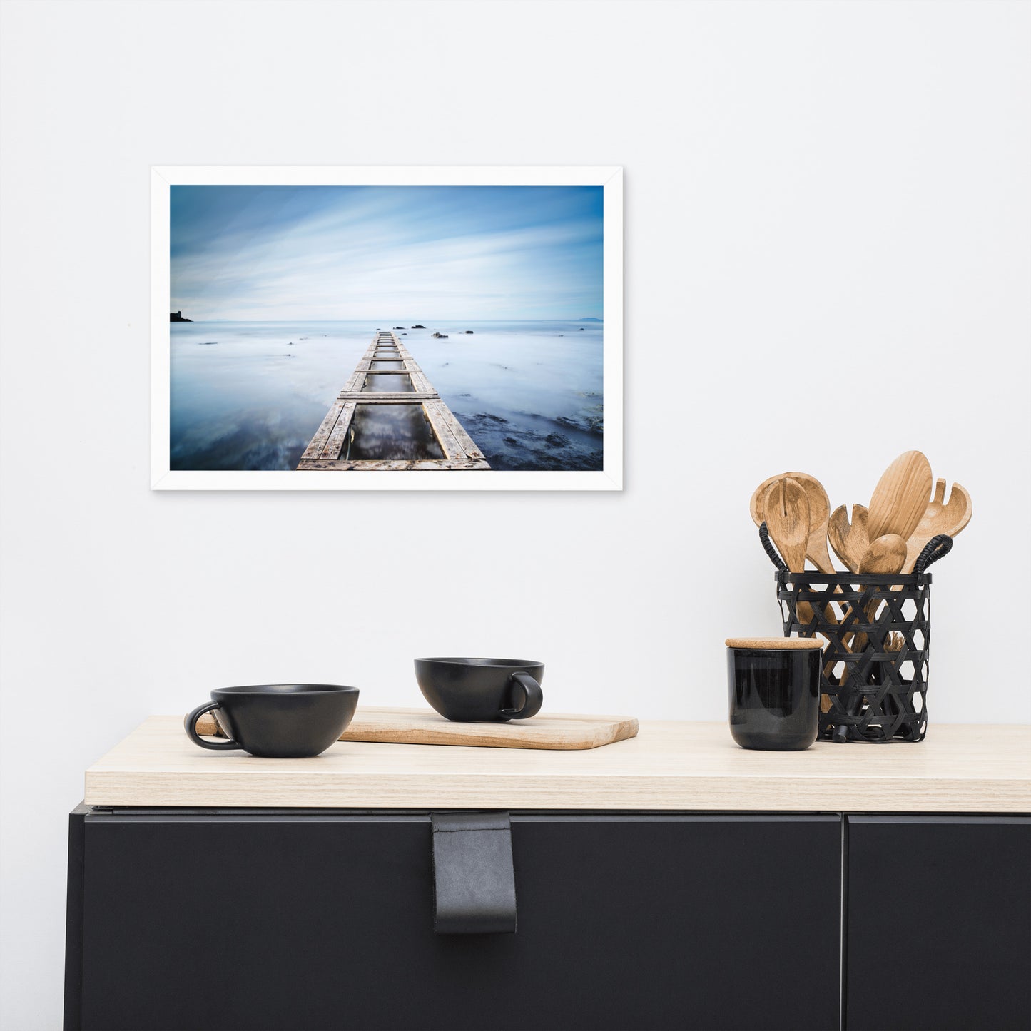 Moody Ocean and Sky Wooden Pier Framed Wall Art Prints