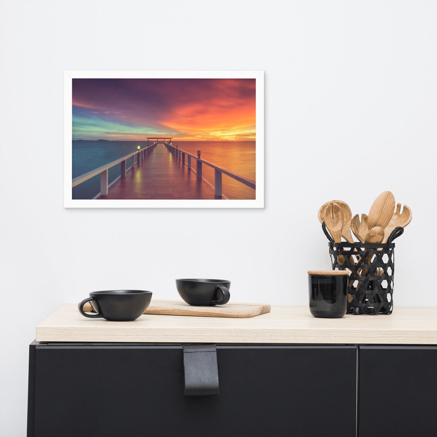 Framed Beach Art Prints: Surreal Wooden Pier At Sunset with Intrigued Effect - Coastal / Seascape / Nature / Landscape Photo Framed Artwork - Wall Decor