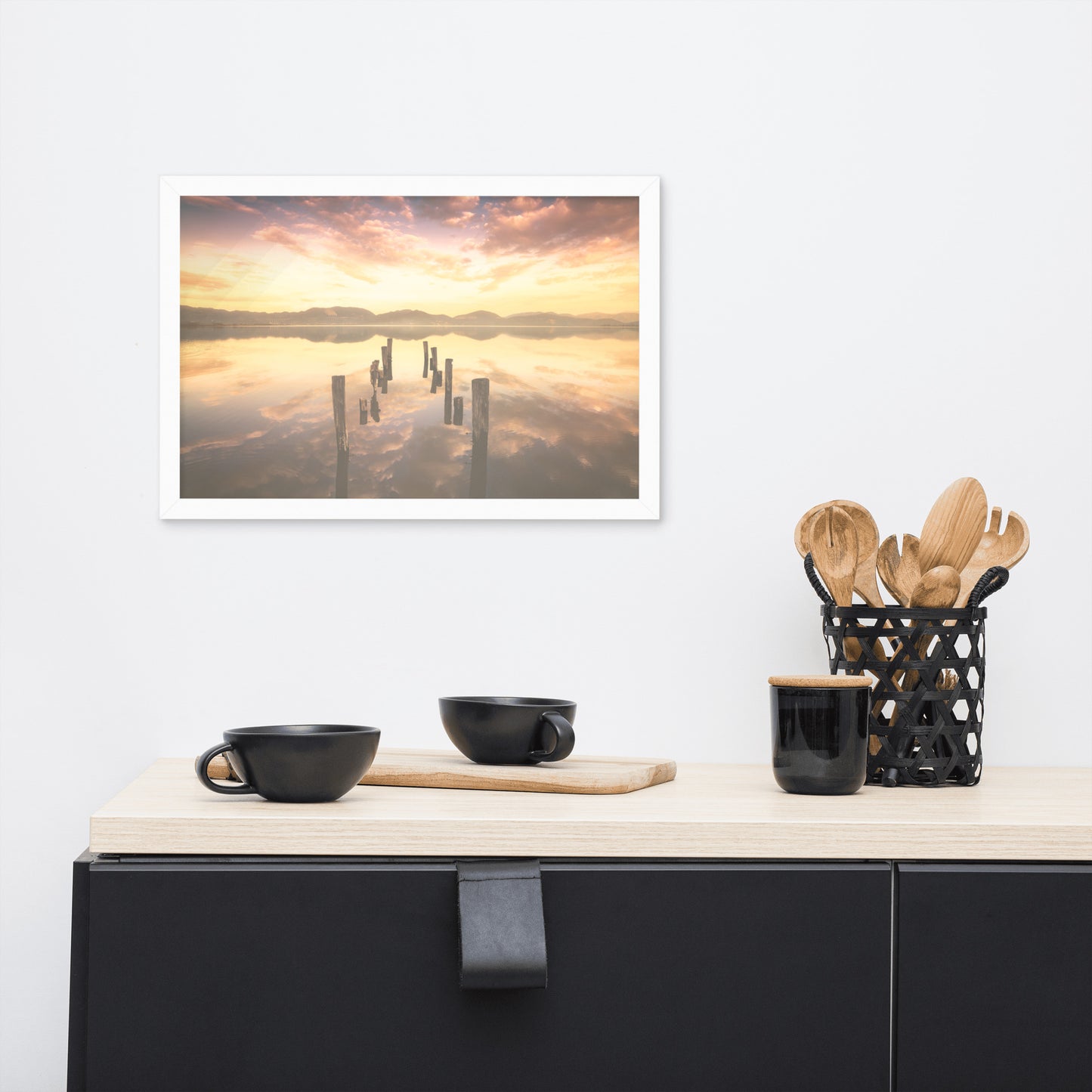 Sunset Pillars and Reflections on Lake Framed Wall Art Print