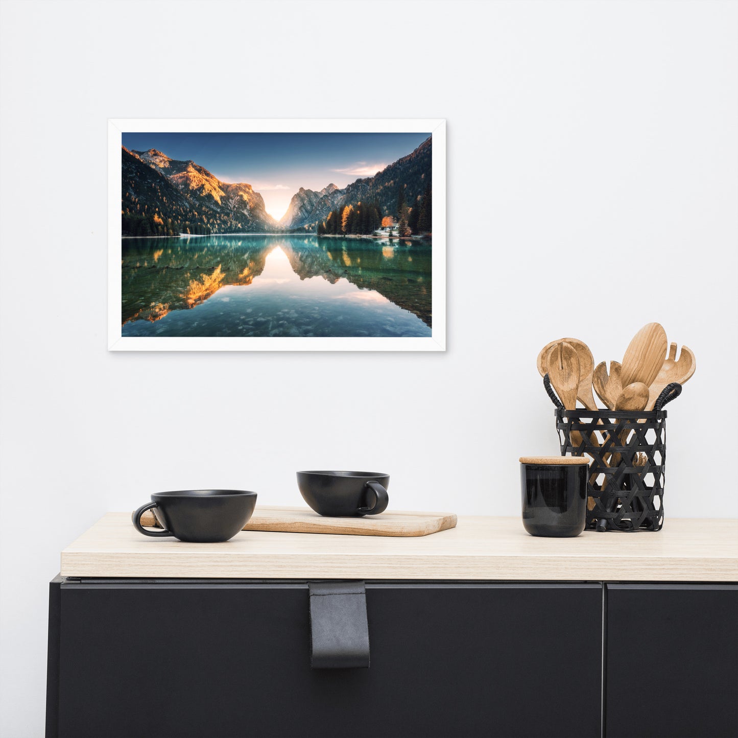Sunrise Misty Mountain Lake Lively Color Effect Framed Wall Art Print