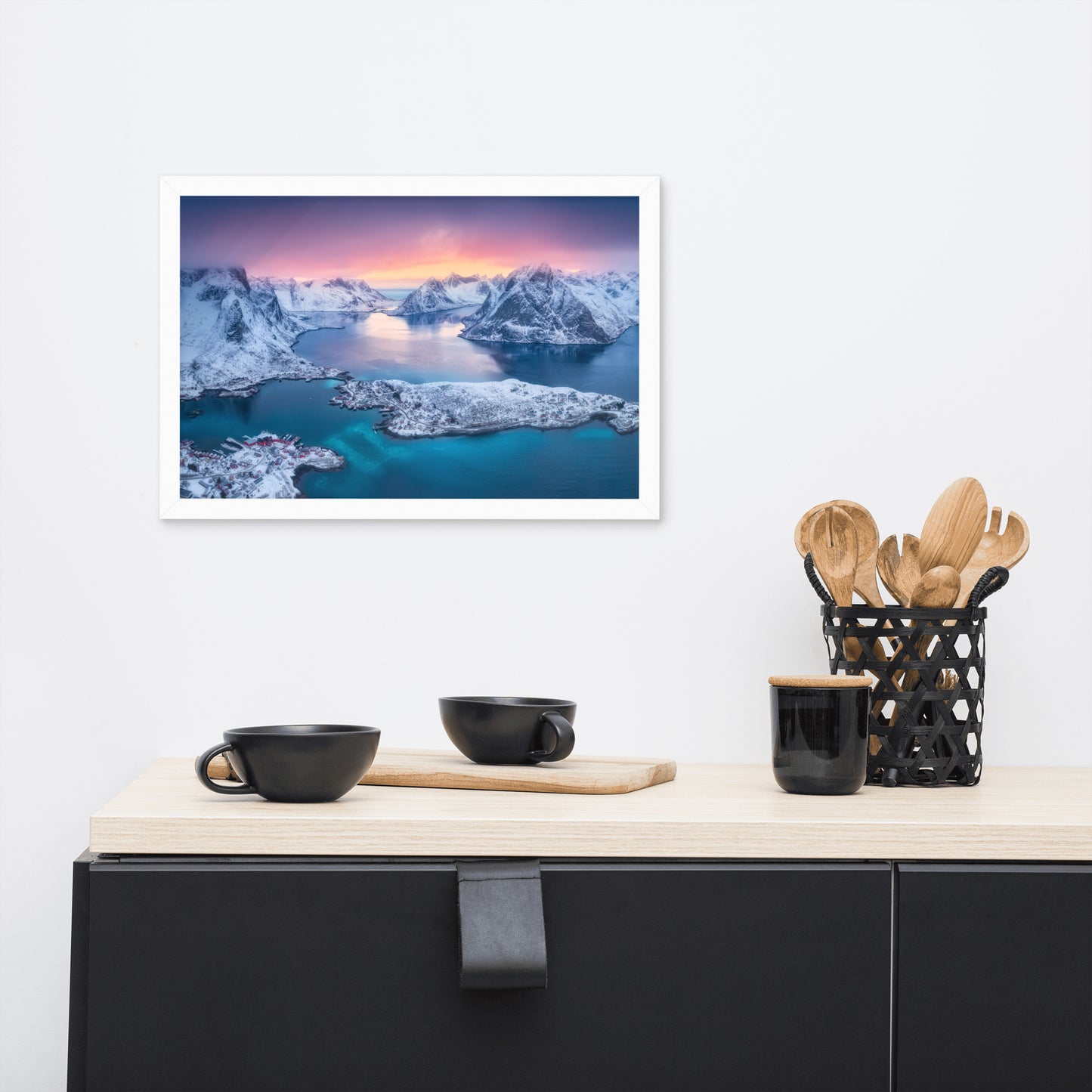 Reine at Winter Sunset Icy Mountain Framed Wall Art Print